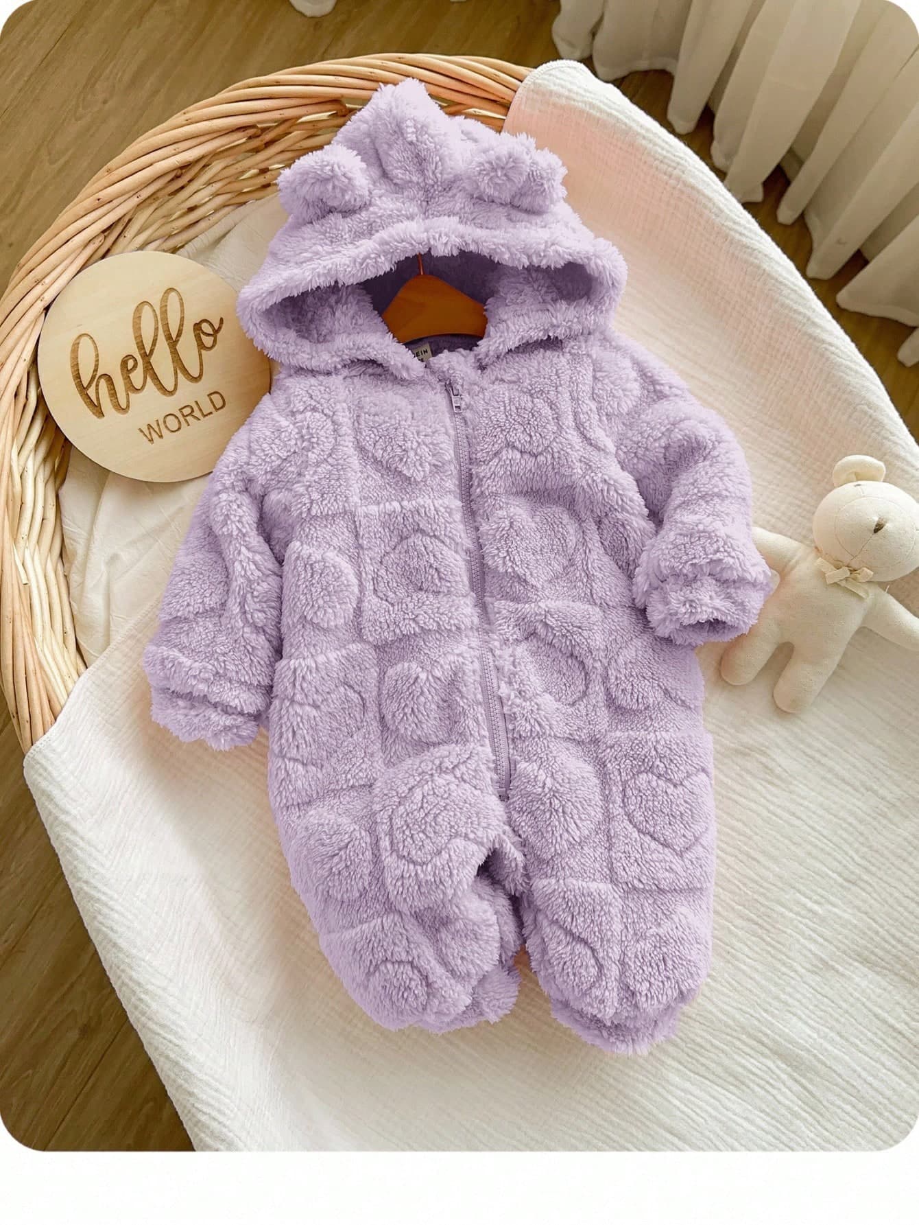 Newborn Baby Girl Cute 3D Ear Fluffy Pink Heart Pattern Zip-Up Hooded Jumpsuit, Autumn/Winter