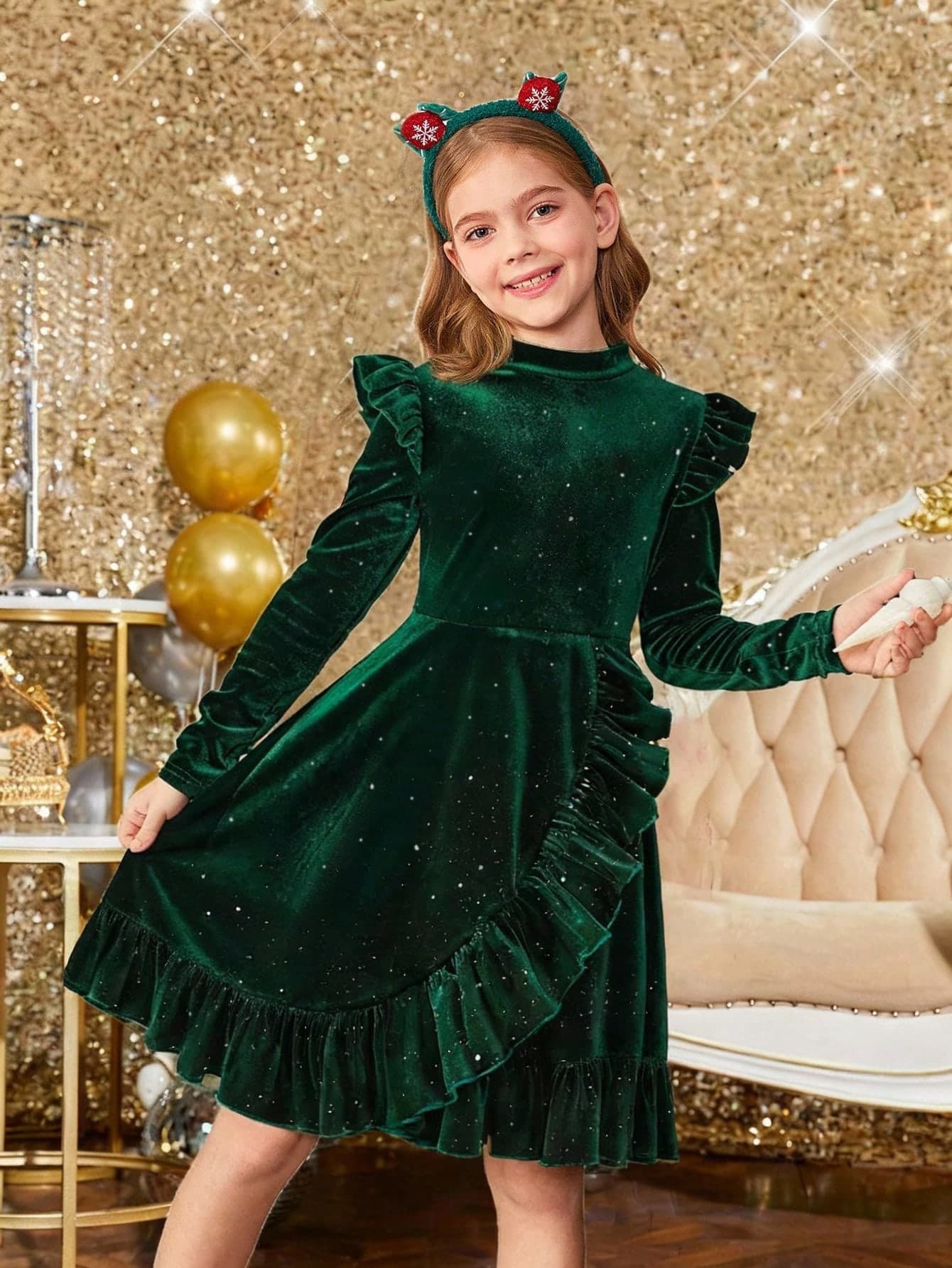 SHEIN Tween Girl Casual Minimalist Comfortable Round Neck Ruffle Hem Long Sleeve Dress