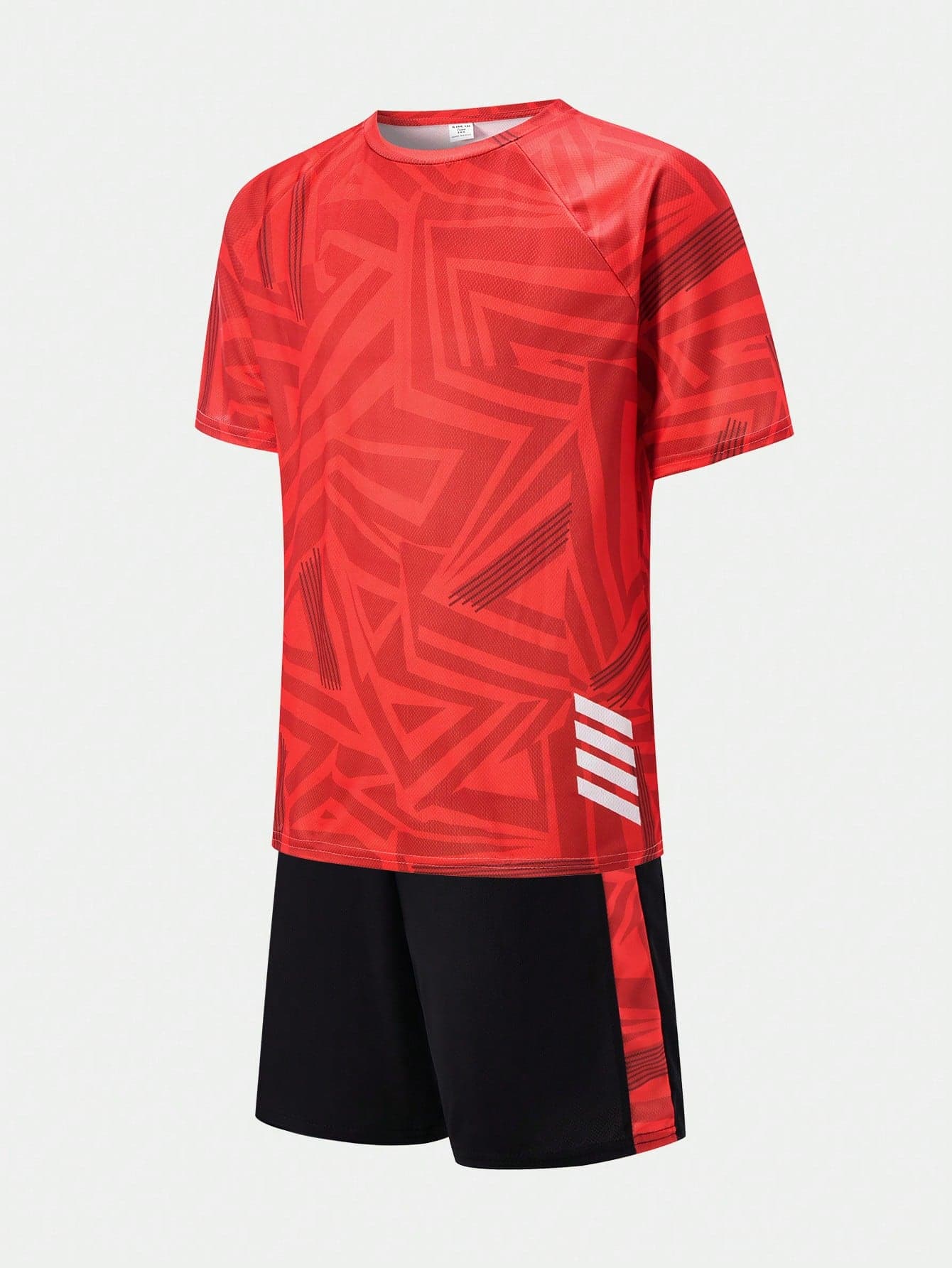 SHEIN 2pcs/Set Teen Boys Summer Streetwear Casual Short Sleeve T-Shirt And Shorts Set,Red And Black Soccer Jersey Gym Sports Uniform Punk Rock Outfits