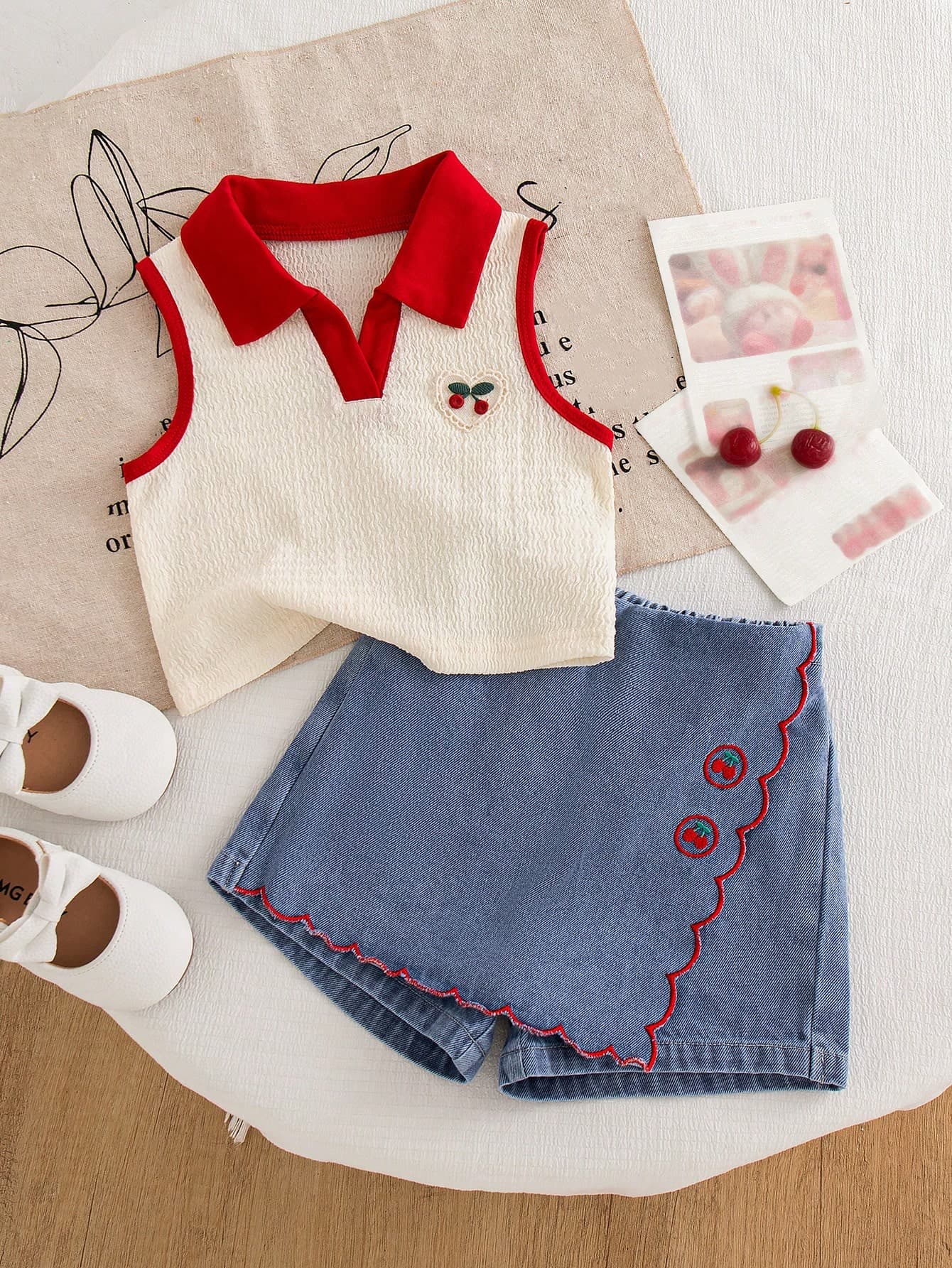Genkimix Kids 2pcs/Set Toddler Girls Summer School New Textured Knit Fabric Collared Heart Vest Top & Denim Skort Ruffled Embroidered Cherry Floral Vintage Outfit
