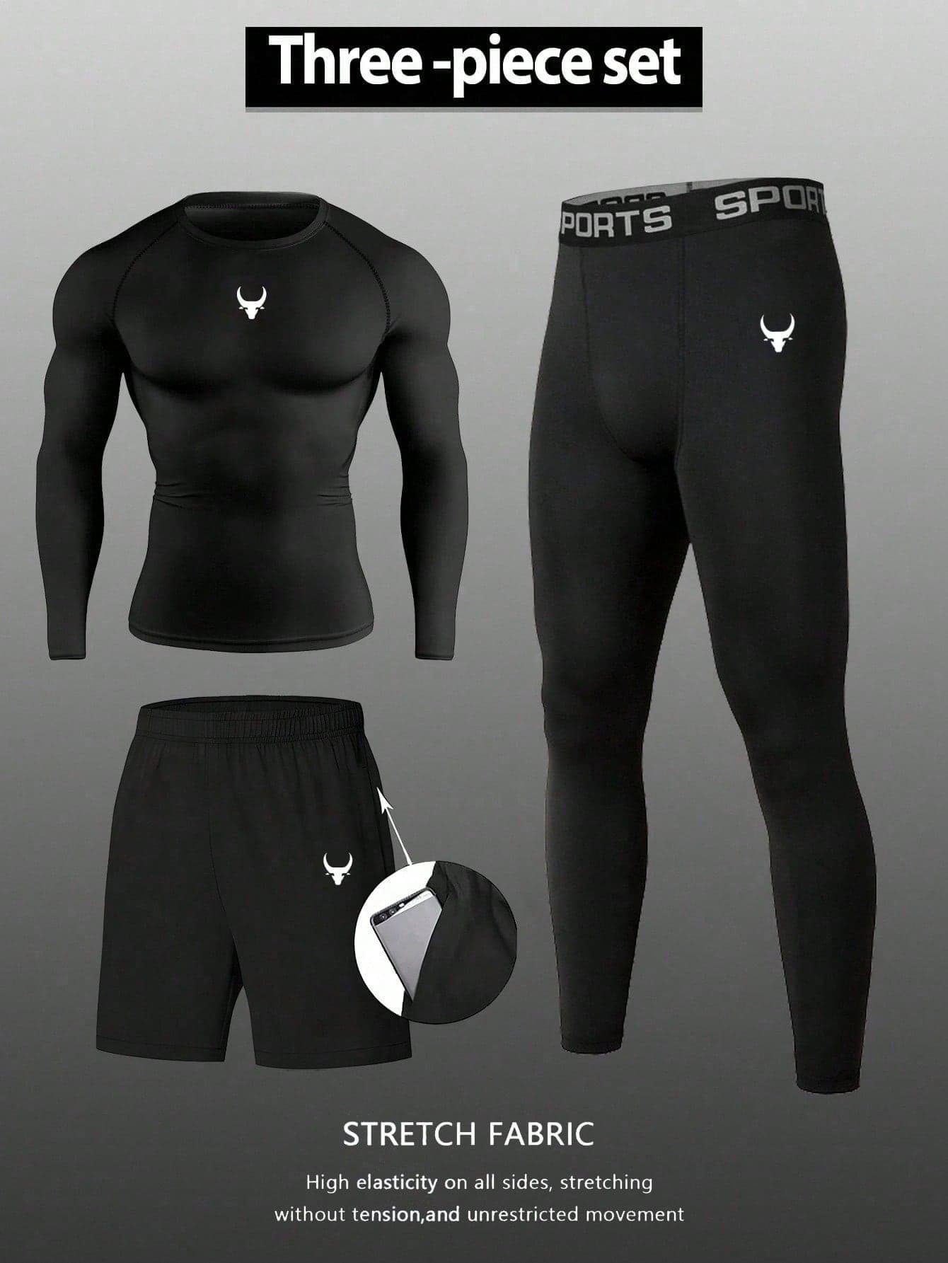 Gym Rark Men's Bull Print Raglan Long Sleeve T-Shirt, Shorts And Leggings Sports Suit Gym Set Workout Set Compression Shirt , Lightweight
