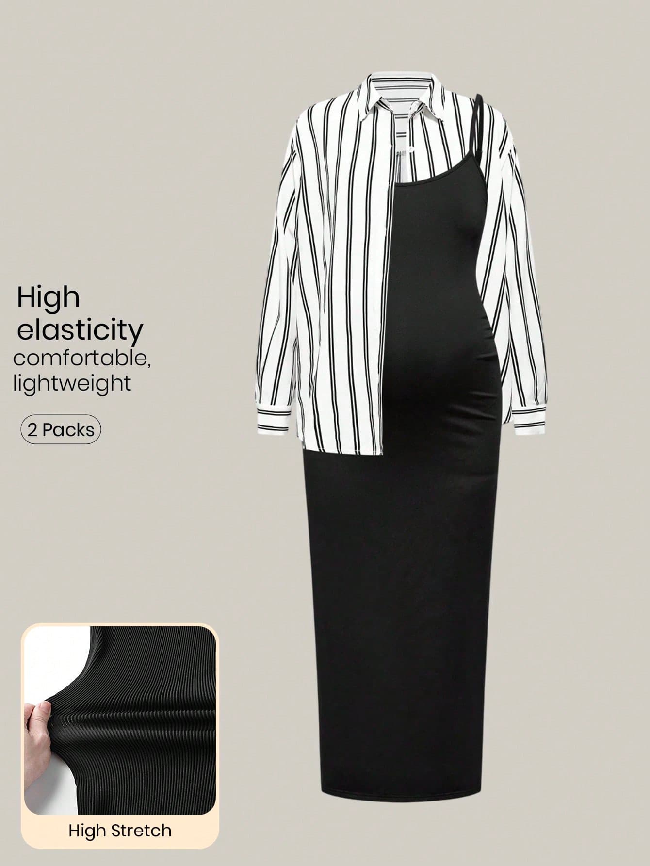 SHEIN Maternity Striped Long Sleeve Shirt And Sleeveless Dress Casual Outfit World Cup Fall