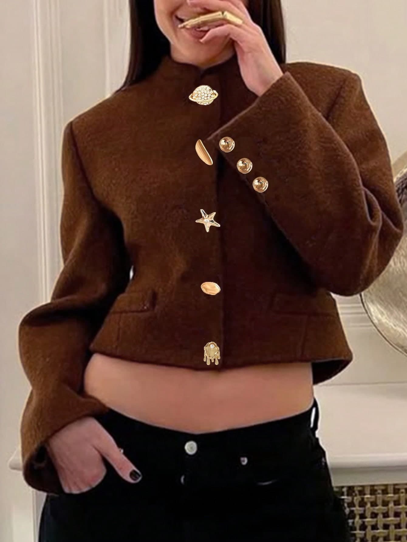 Siren Gaze Women's Stand Collar Button Decor Short Jacket,Coffee Brown Autumn Elegant Office Blazer,Chocolate Brown Cardigan Stylish Winter Casual Blouses Top