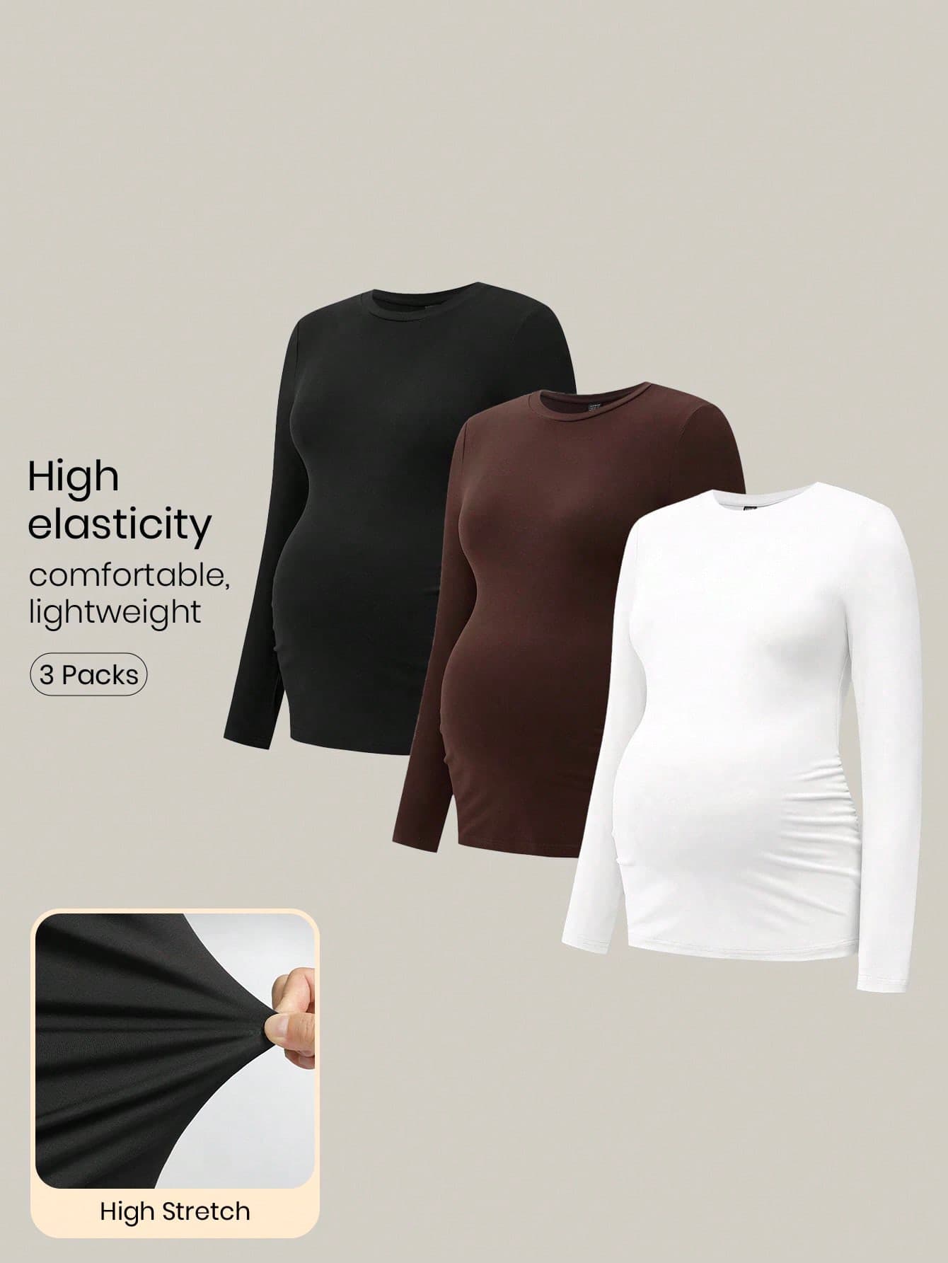 Modmama 3pcs/Set Maternity Casual Round Neck Long Sleeve Fitted Pregnancy T-Shirt Full Tops Shirts Fall