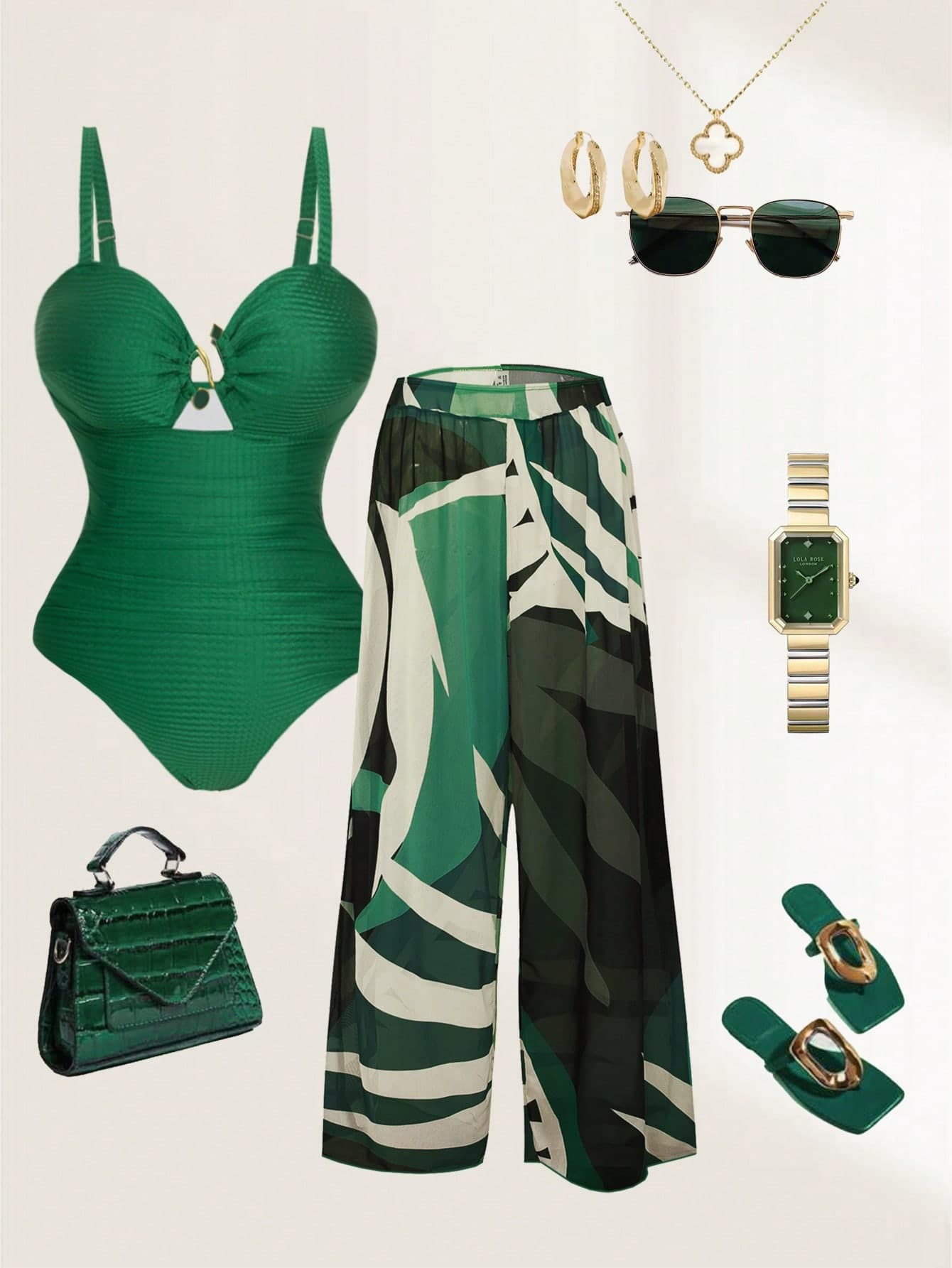 Swim Oasis Plus Size Women Green Jacquard Fabric Casual Vacation Spaghetti Strap Low Neck One-Piece Swimsuit With Matching Sarong Coverup 2 Pieces Swimwear Set