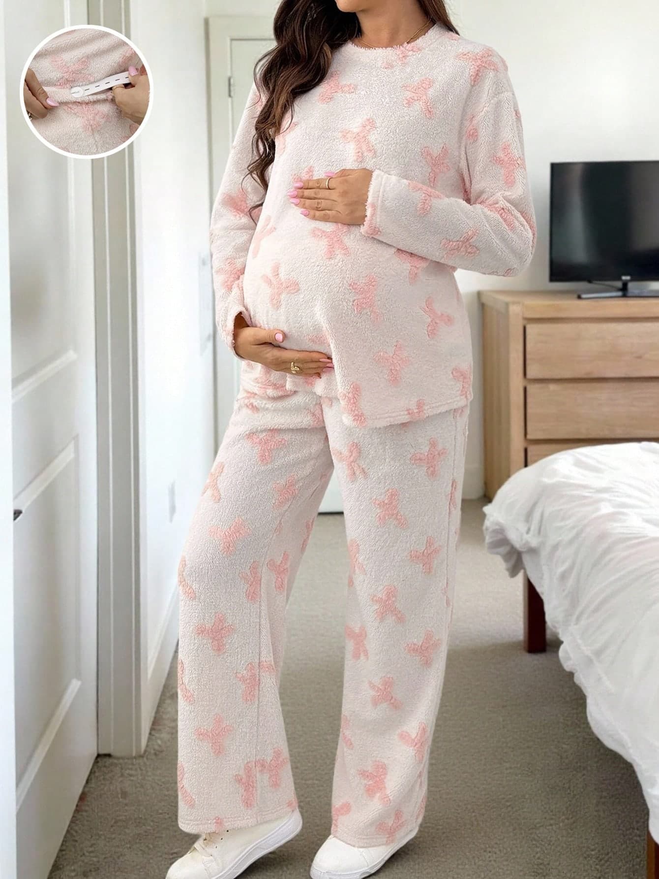 SHEIN 2pcs Maternity Casual Bow Decor Drop Shoulder Top And Pants Set,Light Pink,Autumn,Fairy,Aniversário Autumn/Winter Pregnancy Nursing Clothes Suits