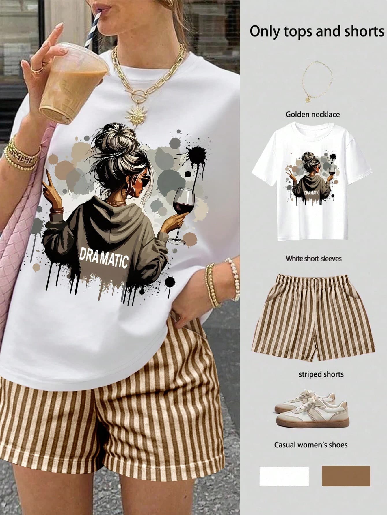 SHEIN Women's Casual Figure Print T-Shirt And Striped Shorts 2 Pieces Set, Summer
