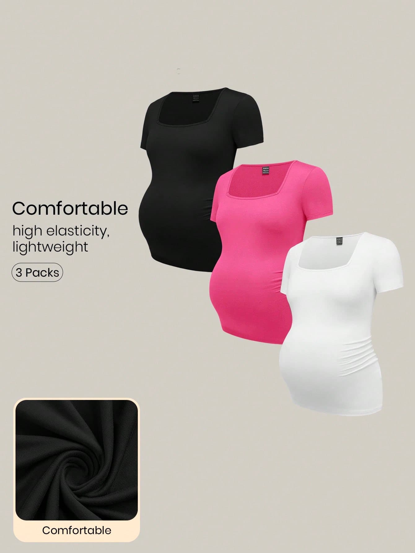 Modmama 3pcs/Set Maternity Casual Solid V-Neck Short Sleeve T-Shirts, Black/White/Gray, Fitted, Suitable For Summer