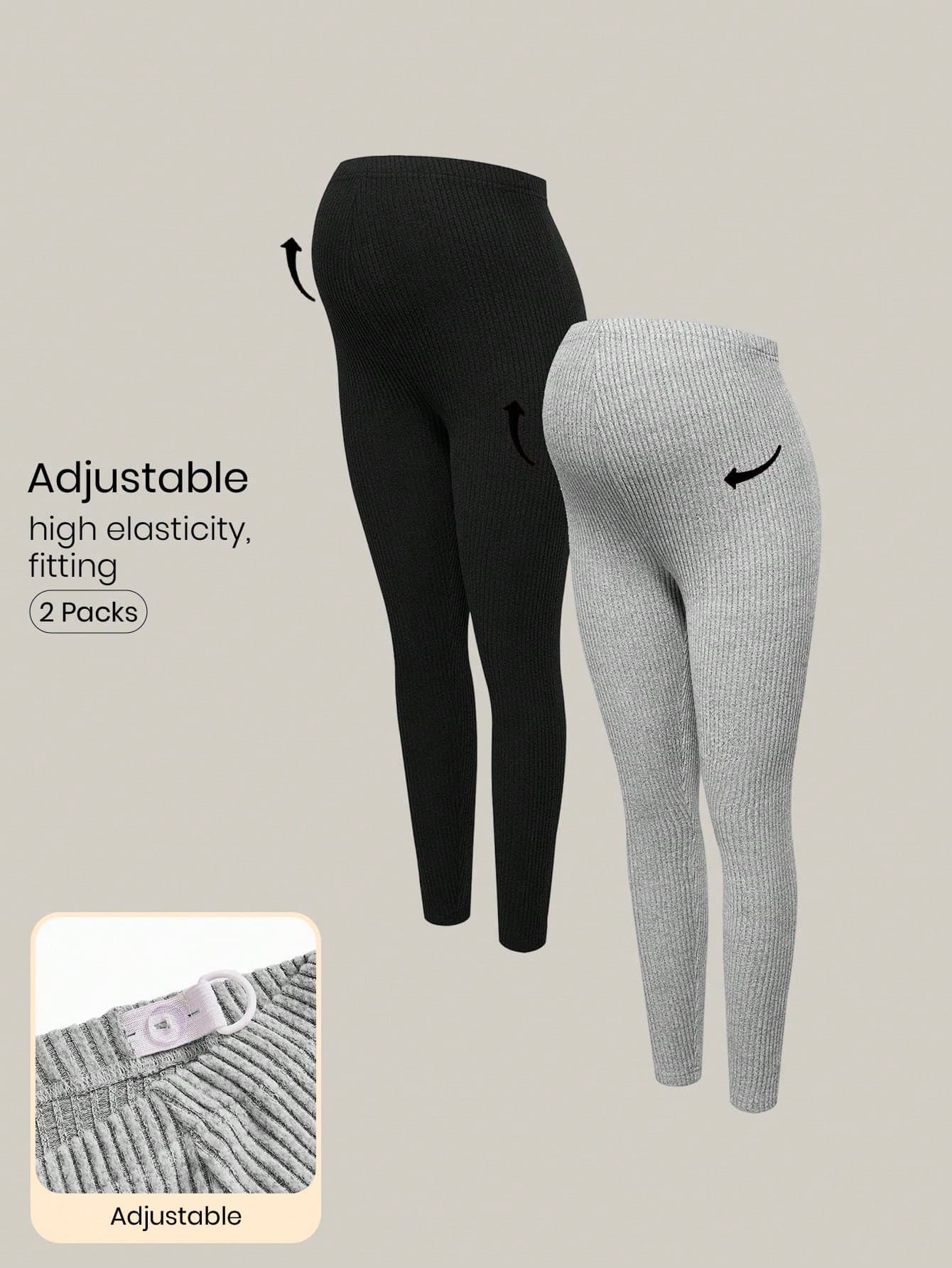 Modmama 2 Packs Maternity Black Ribbed Leggings Adjustable Waist Solid Color Pregnancy Pants Women's Summer Casual Gym Concert Workout Clothes Tights