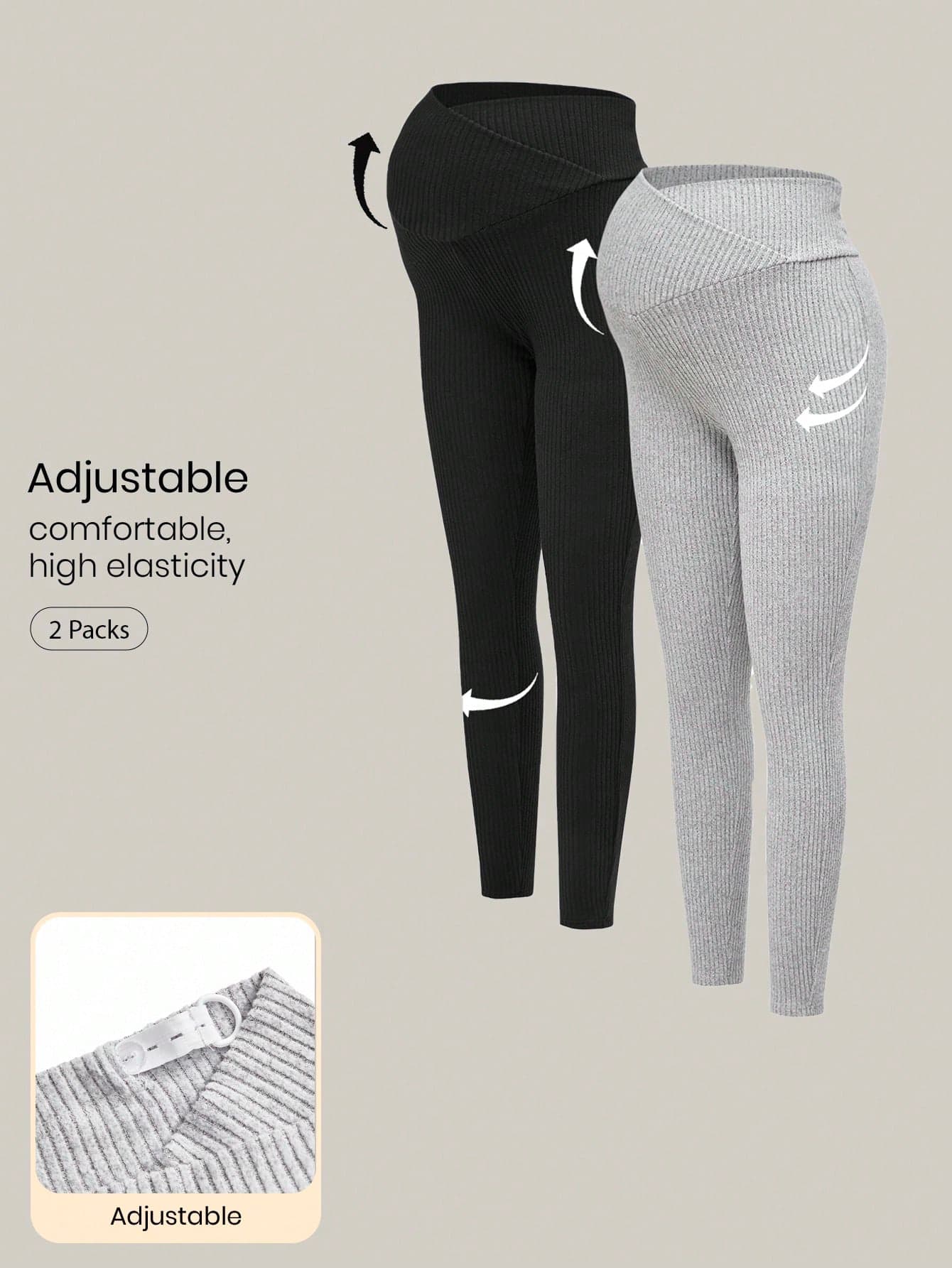 Modmama 2 Packs Maternity Leggings For Women,Black,Summer,Casual,Concert,Gym,Ribbed Asymmetric Waist High Stretch Pregnancy Pants,Over Bump Workout Clothes