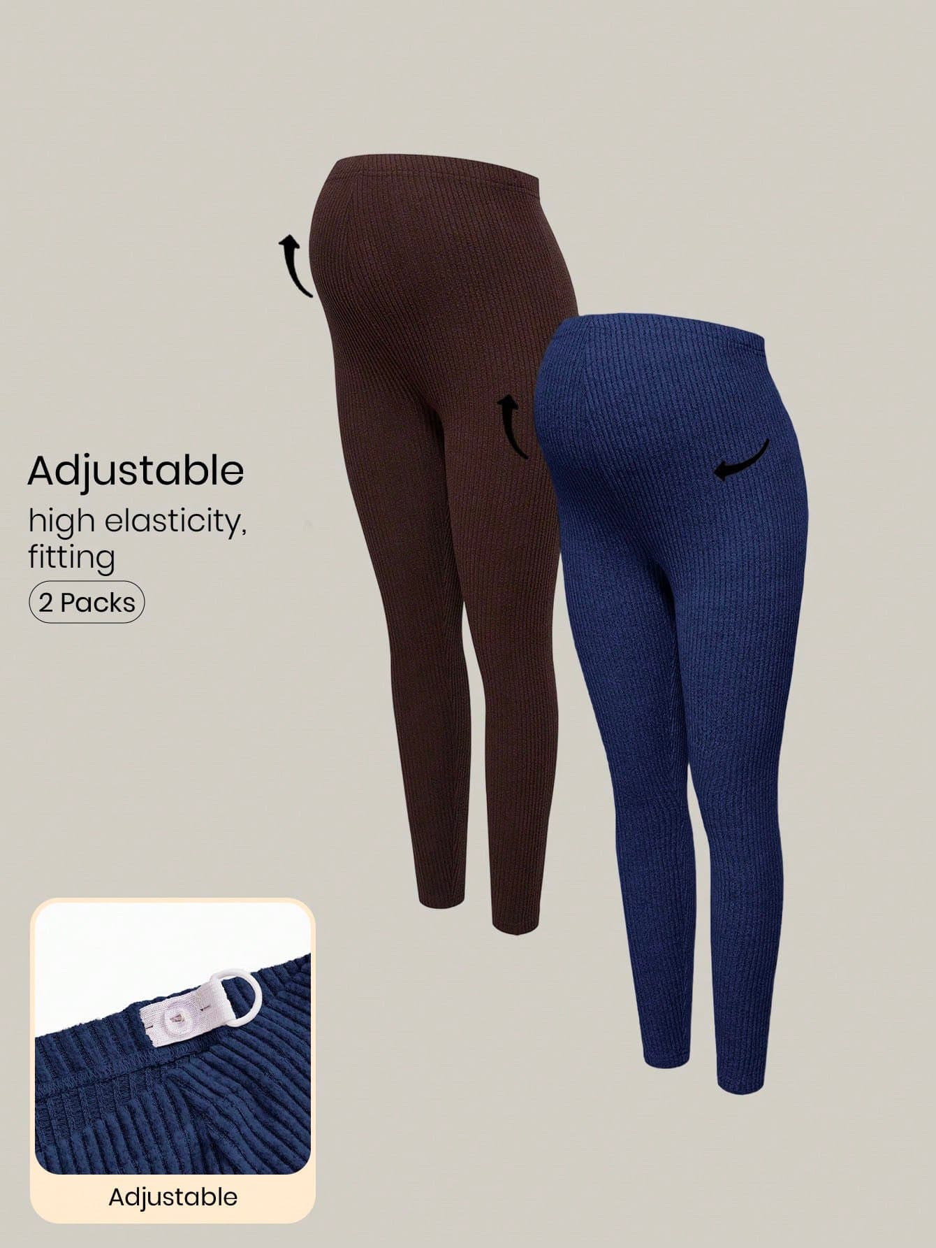 Modmama 2 Packs Maternity Casual Dark Blue Ribbed Leggings,Summer High Waist High Elasticity Adjustable Pants Solid Color Fitting Leggings For Pregnancy