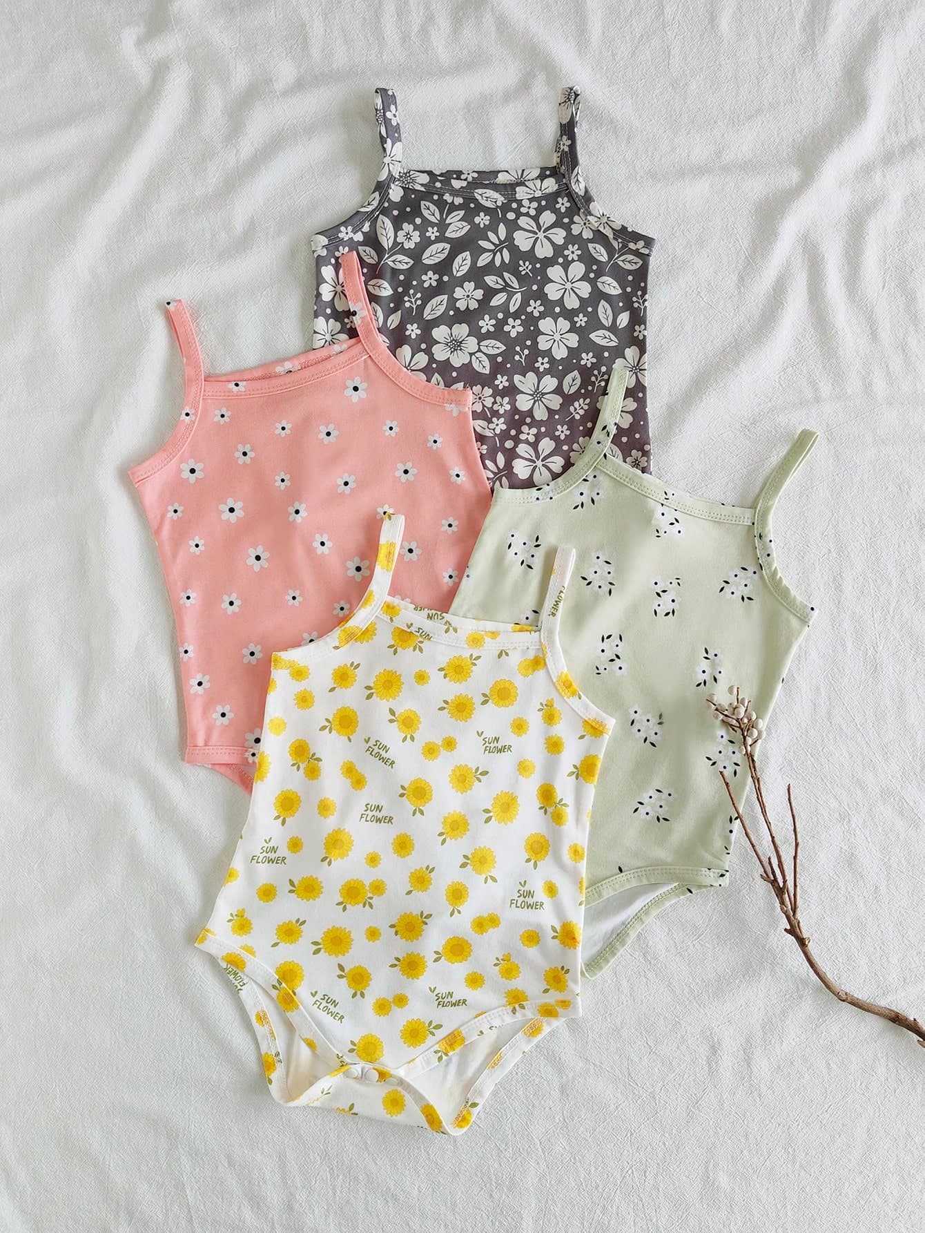 Vintaside Kids 4pcs Baby Girls Ditsy Floral Bodysuit Suits, Fashionable Cute Countryside Style Bodysuit, Spring/Summer