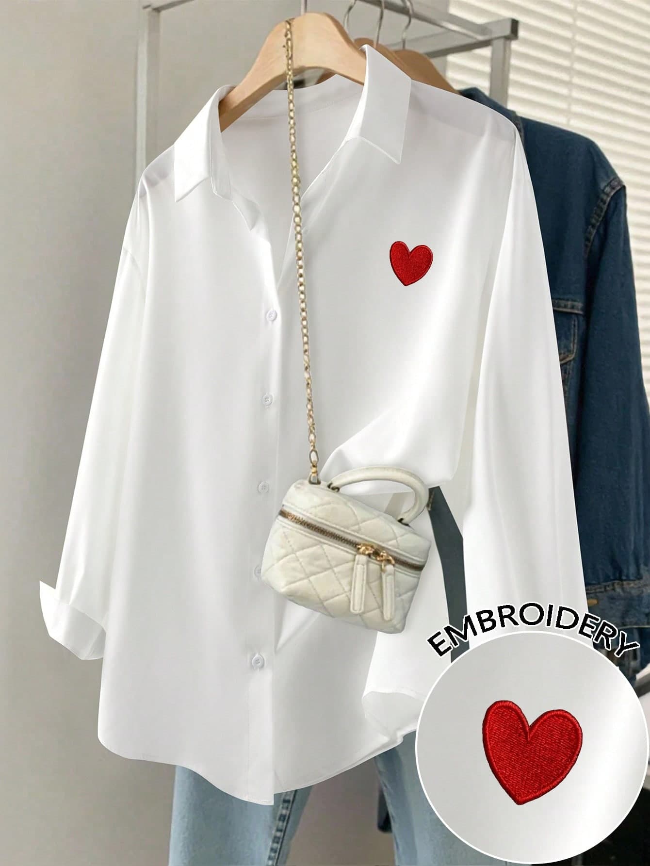 Resyla Women's Heart Embroidery Pattern Shirt, Autumn