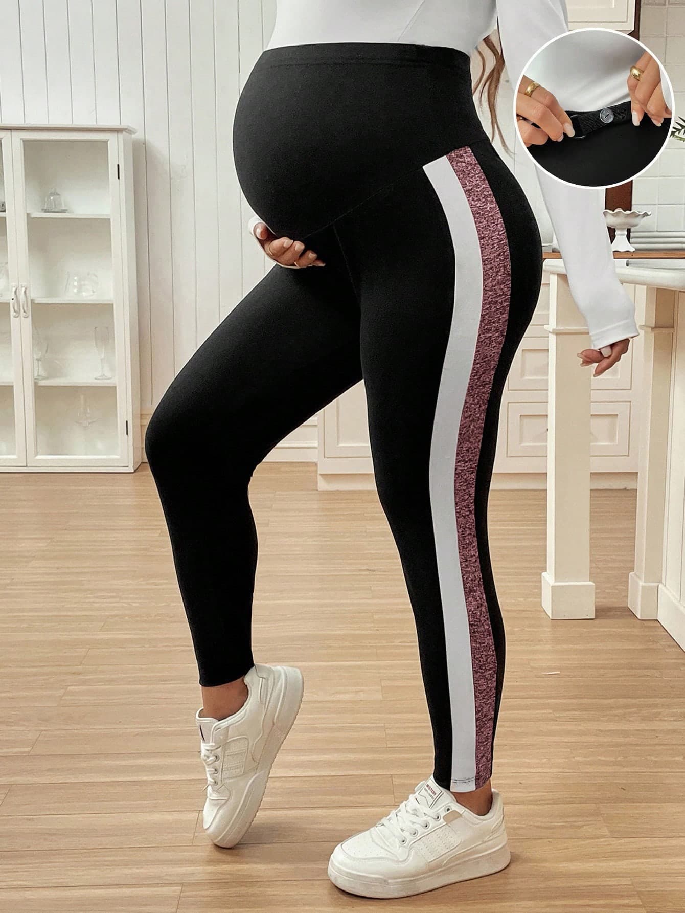 SHEIN Comfortable Maternity Cropped Leggings Knitted Fabric With Graphic Side Stripes And Adjustable Button Waist For Expecting Moms World Cup