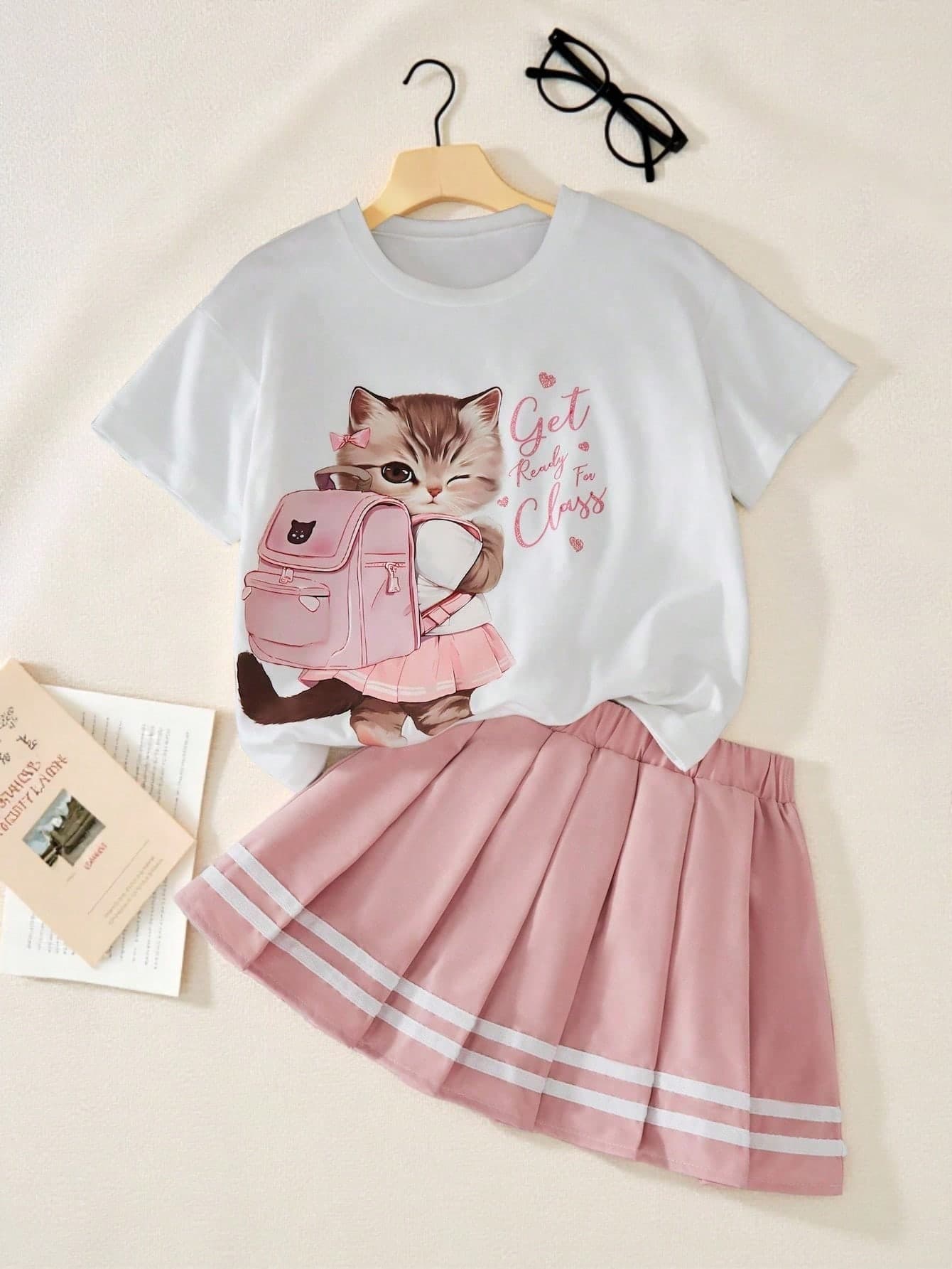 SHEIN Explorewe 2pcs/Set Girls' Casual Cute Cartoon Cat Print Round Neck Short Sleeve Top And Pleated Skirt Set
