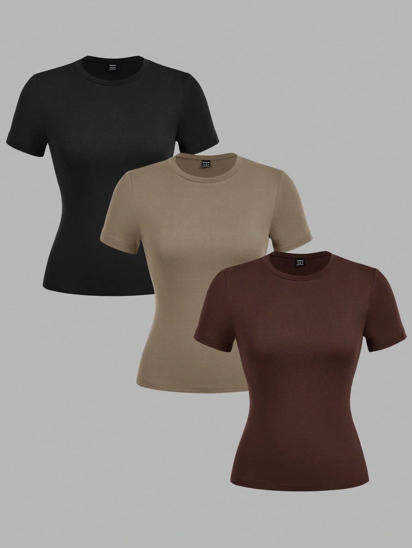 SHEIN EZwear 3pcs/Set Women's Round Neck Casual Slim Fit Long Sleeve T-Shirt Set, Black & Khaki Brown