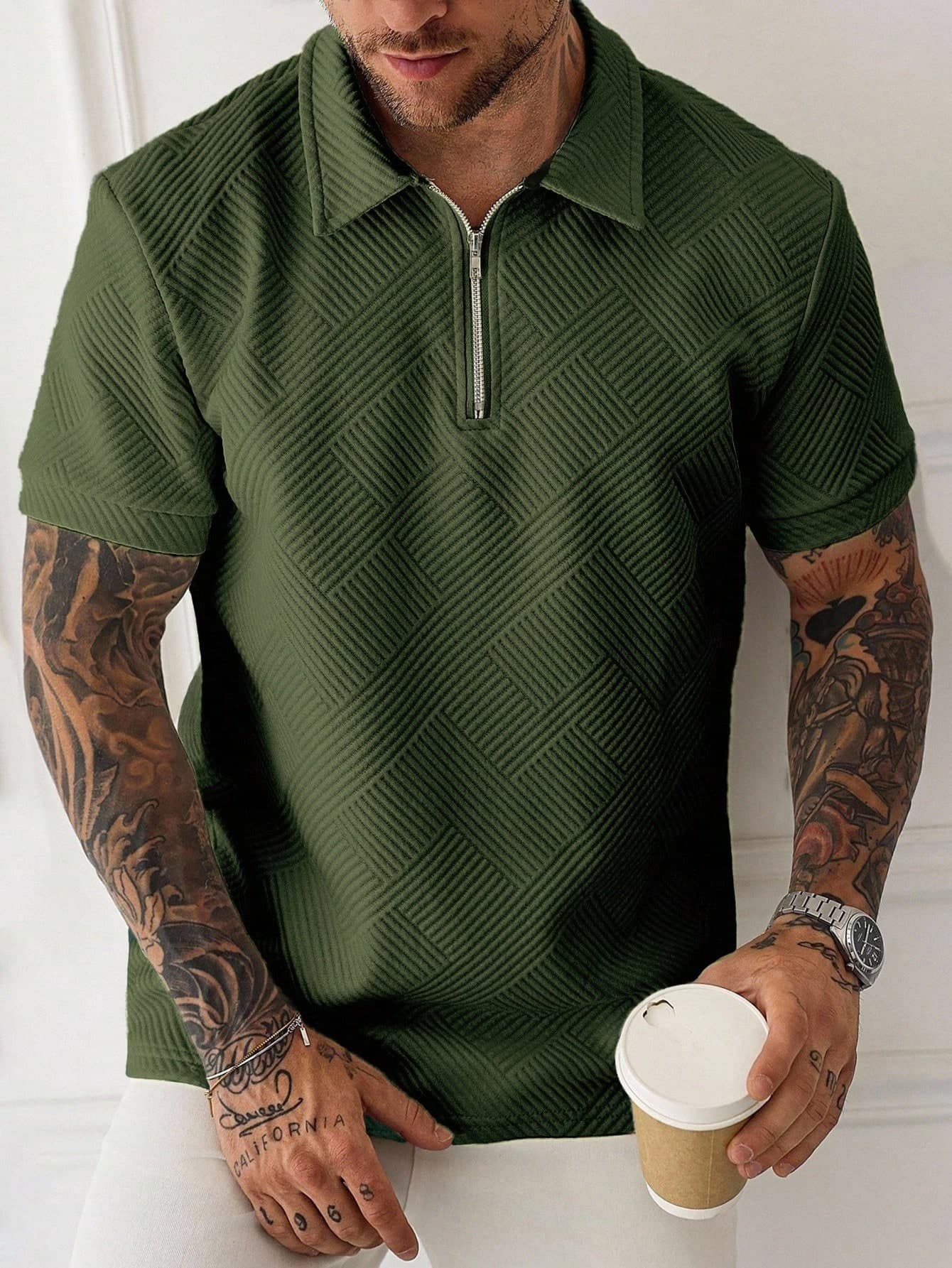 Manfinity Homme Men's Solid Color Zipper Design Short Sleeve Casual Commuter Polo Shirt T Collar Tops Golf Holiday