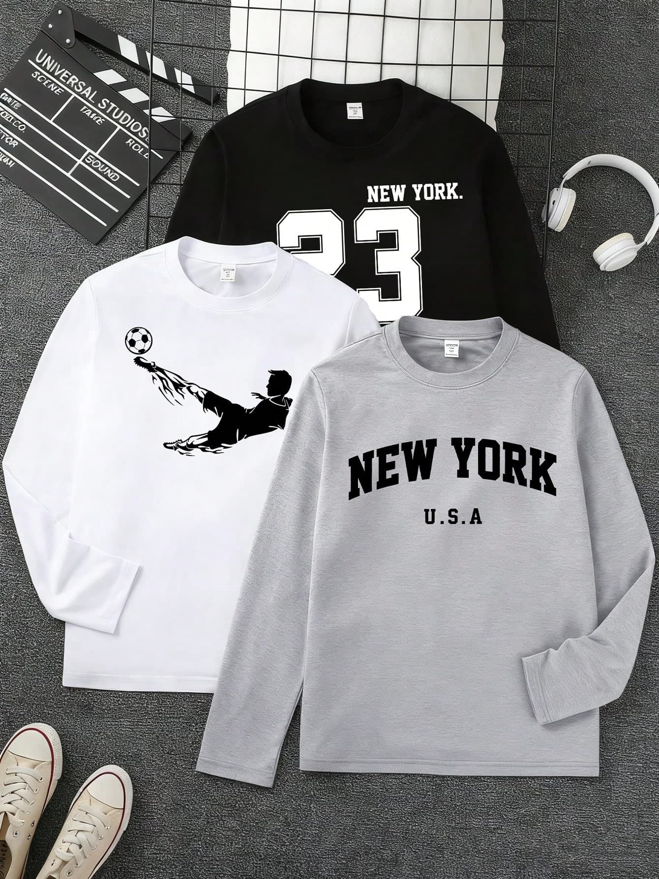 3pcs Teen Boy White Summer Streetwear Graduation Back-To-School Long Sleeve T-Shirts,Number 23 Football Silhouette Slogan Graphic Print Casual Tops