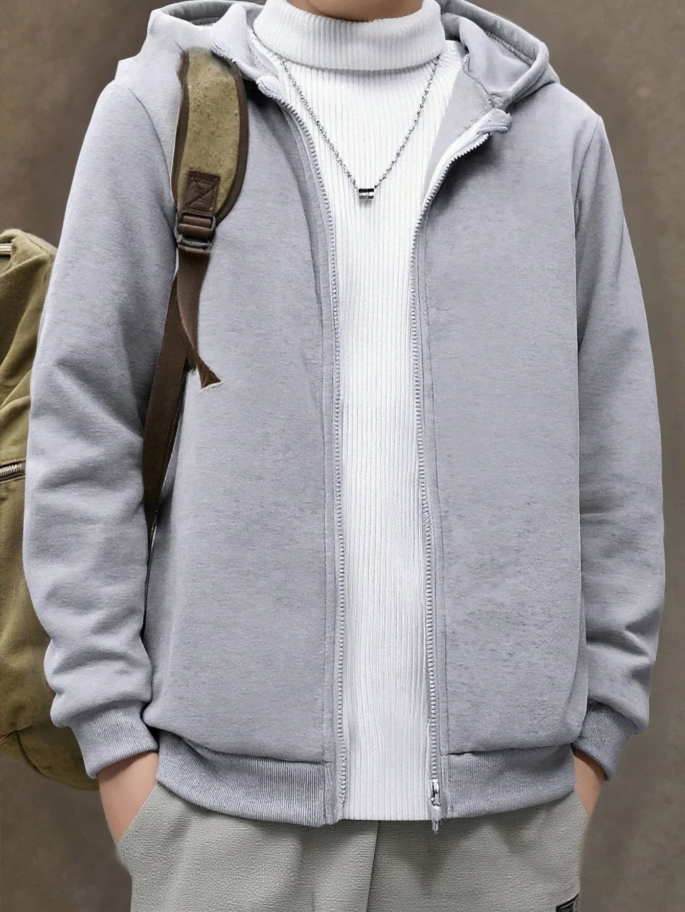 SHEIN Teen Boy All-Match Solid Color Versatile Hooded Zip-Up Sweatshirt Chic For Autumn/Winter