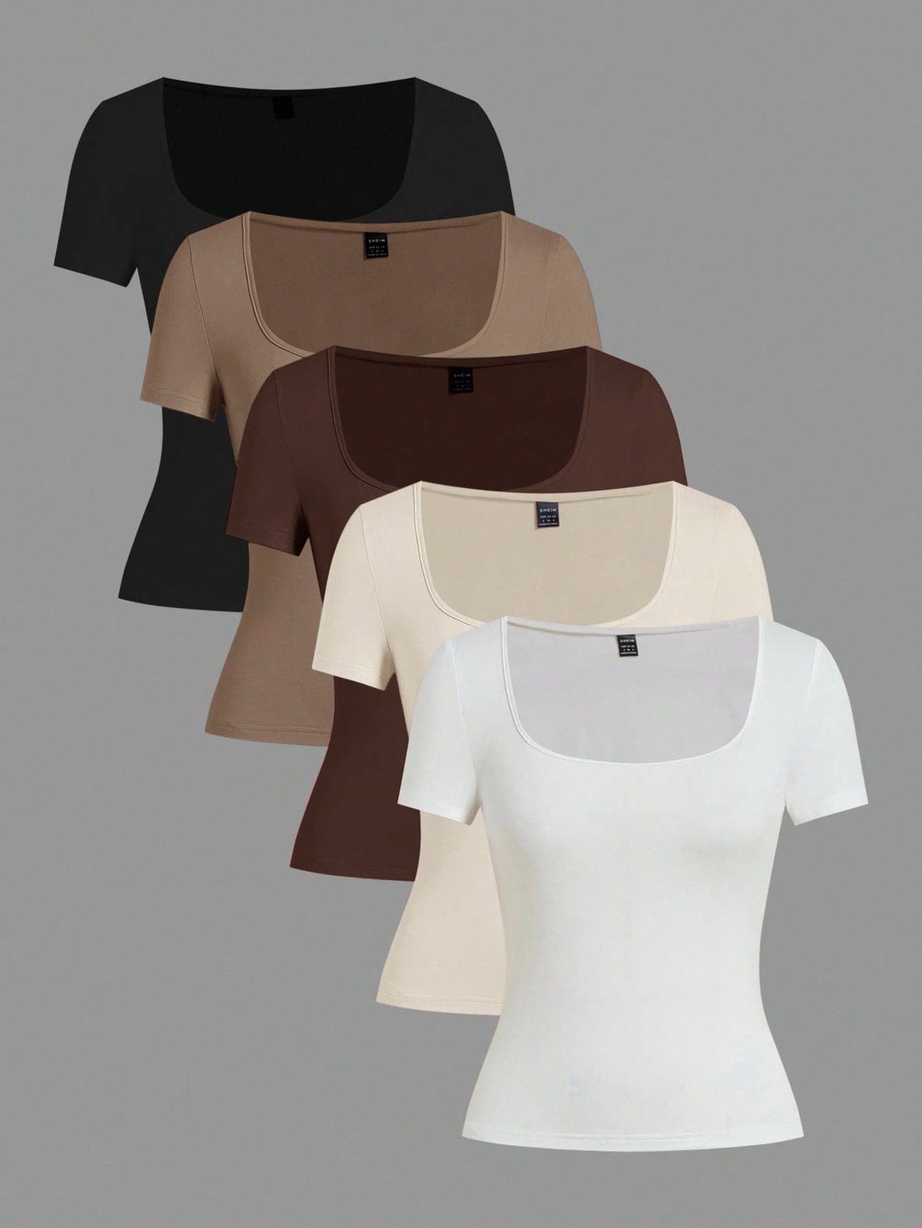 SHEIN EZwear 5pcs/Set Women's Summer Casual Solid Color Square Neck T-Shirts