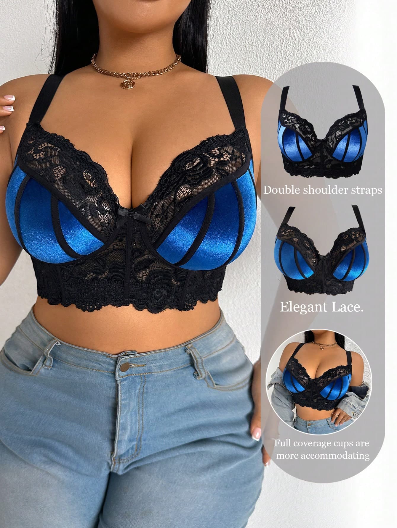 QuietHaus 1pc Plus Size Lace Patchwork Wireless Bra