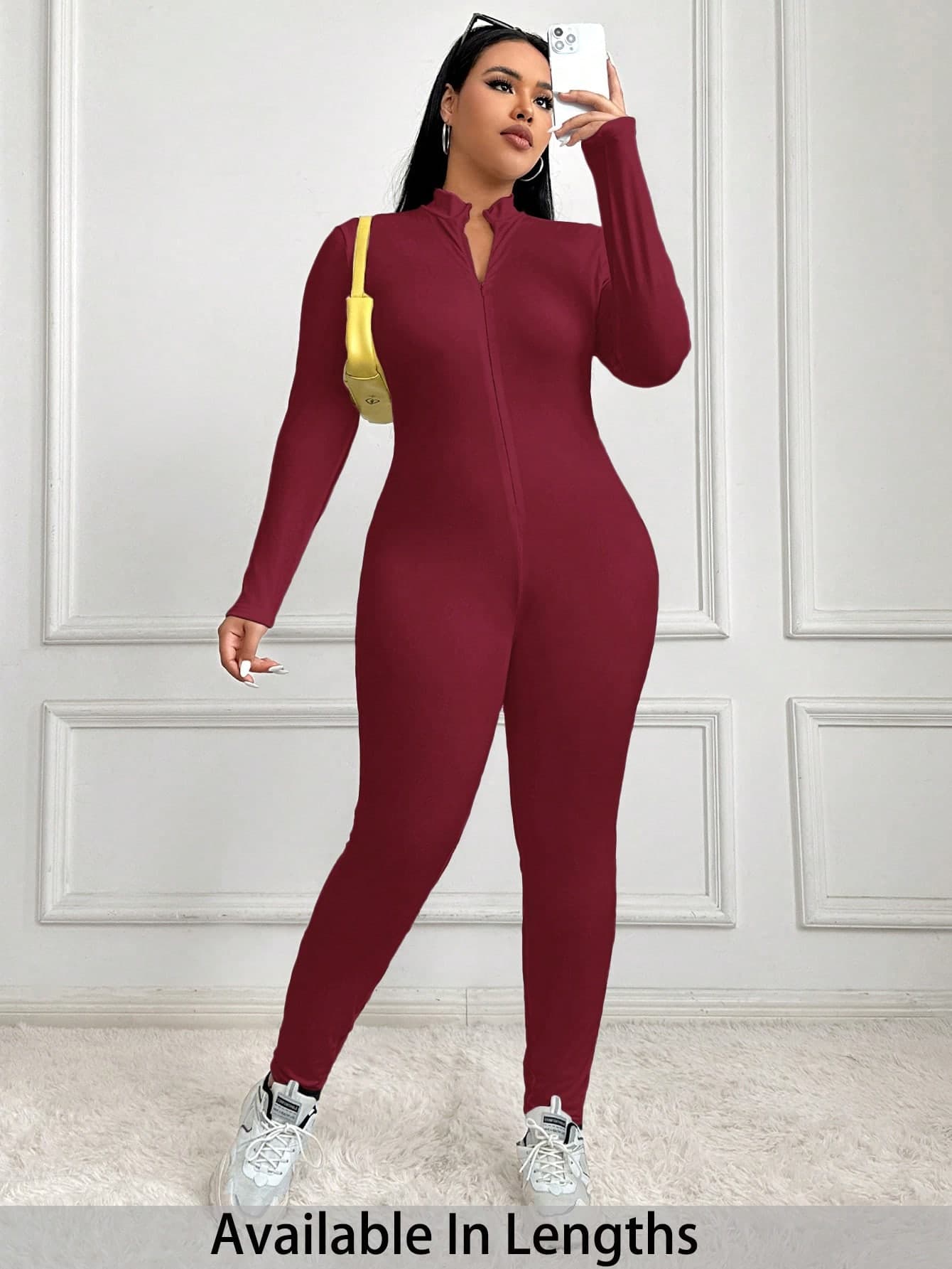 SHEIN PETITE CURVE Plus Size Women's Solid Color Long Sleeve Zipper Front Casual Jumpsuit