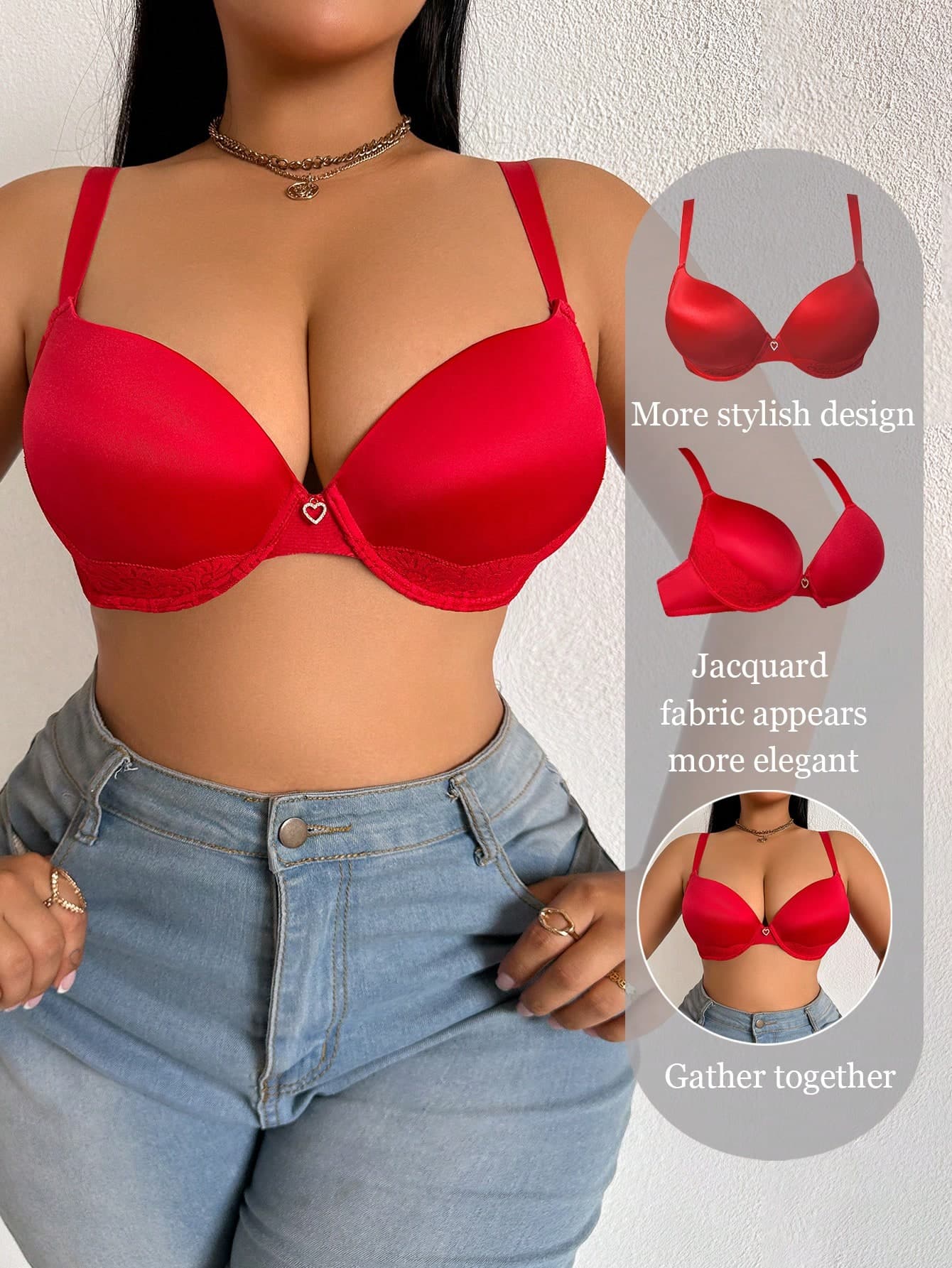 1pc Plus Size Women Lace Patchwork Wide Strap Bra