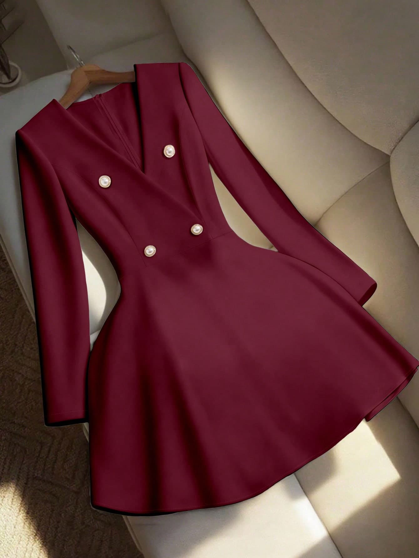 GlowEve Women's Elegant Vintage V-Neck Double-Breasted Long Sleeve Fitted Flared Hem Dress, Minimalist Chic For Daily Commute
