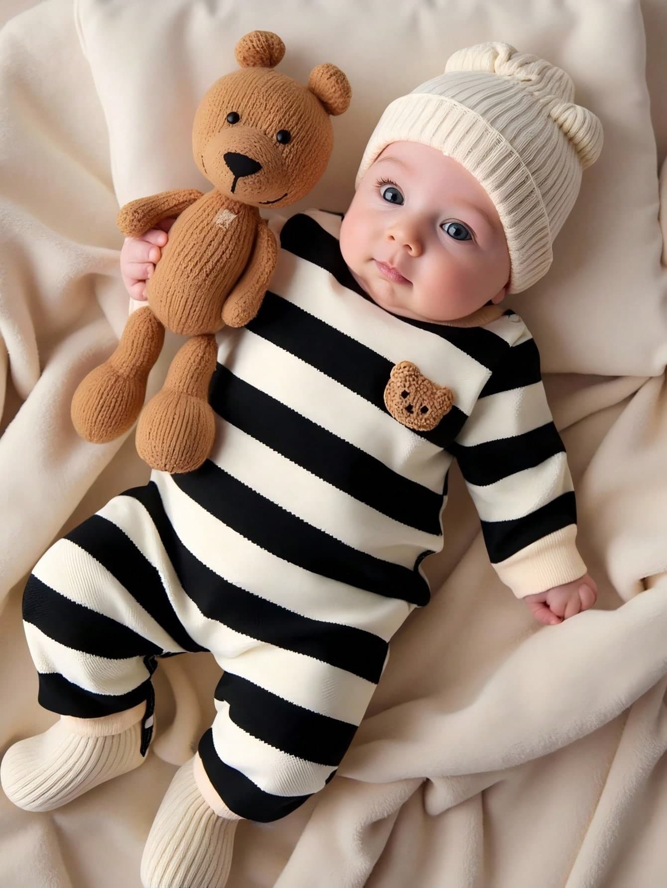SHEIN Newborn Baby Boy's Black And White Striped Round-Neck Long-Sleeved Teddy Bear Pattern Jumpsuit, Fashionable, Casual, Simple And Cute