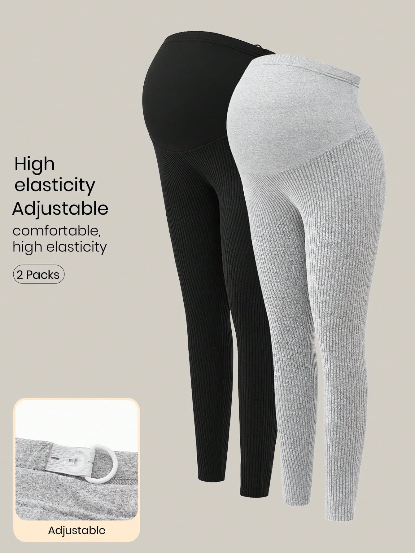 Modmama 2pcs Solid Color Basic Maternity Knitted Leggings, Casual Daily Wear
