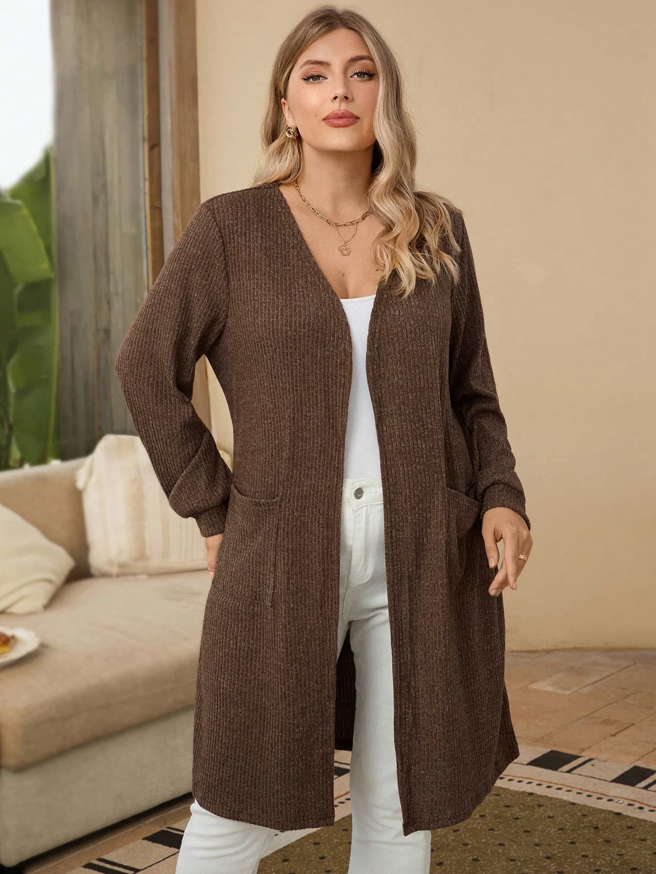 EMERY ROSE Plus Size Solid Color Long Sleeve Pocket Open Front Casual Cardigan Winter Fall Autumn