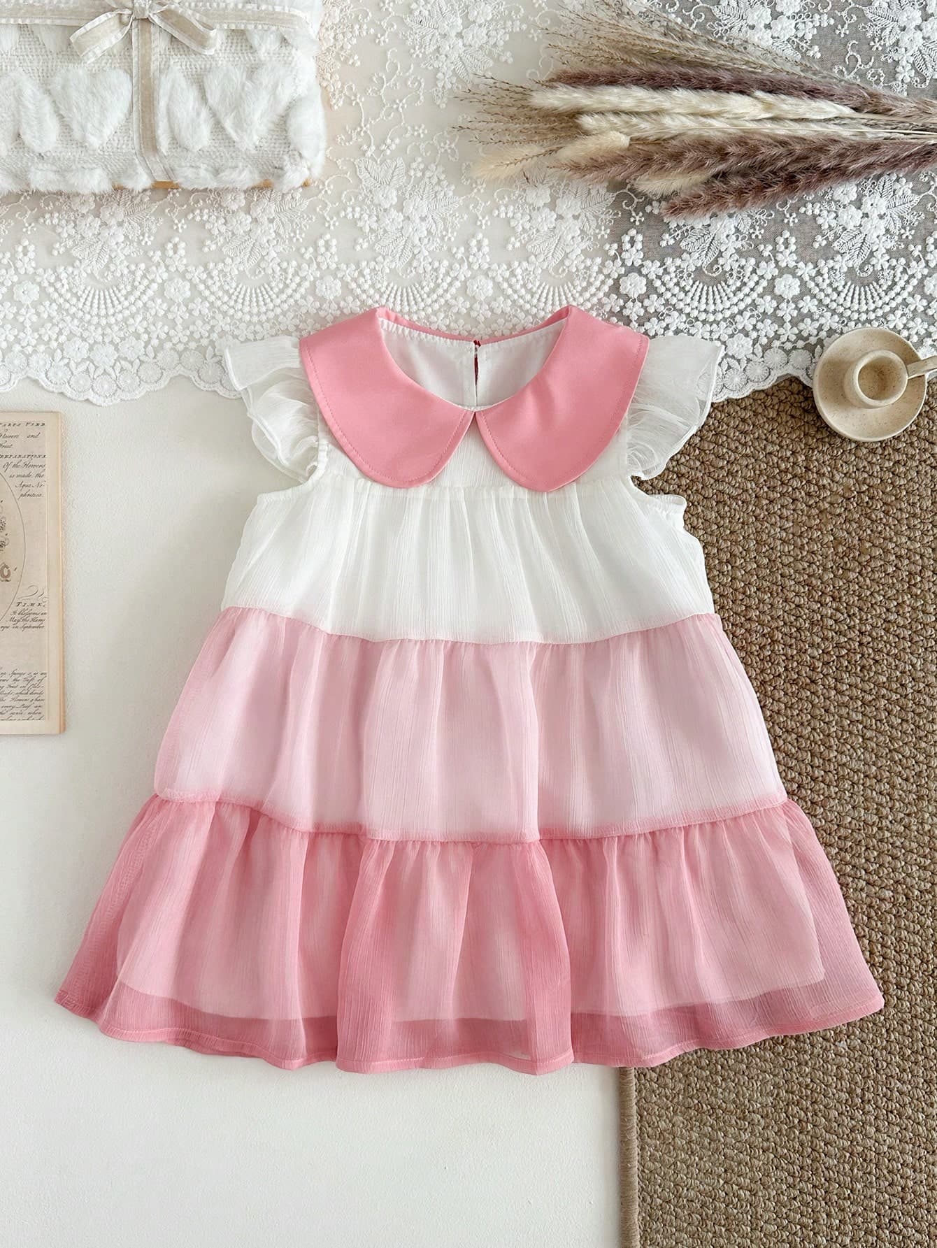 SHEIN Baby Girl White And Pink Summer Dress 3M-3Y Chiffon Color Block Gradient Cute Birthday Outfit Elegant Collar Cap Sleeve Button Back To School Clothing