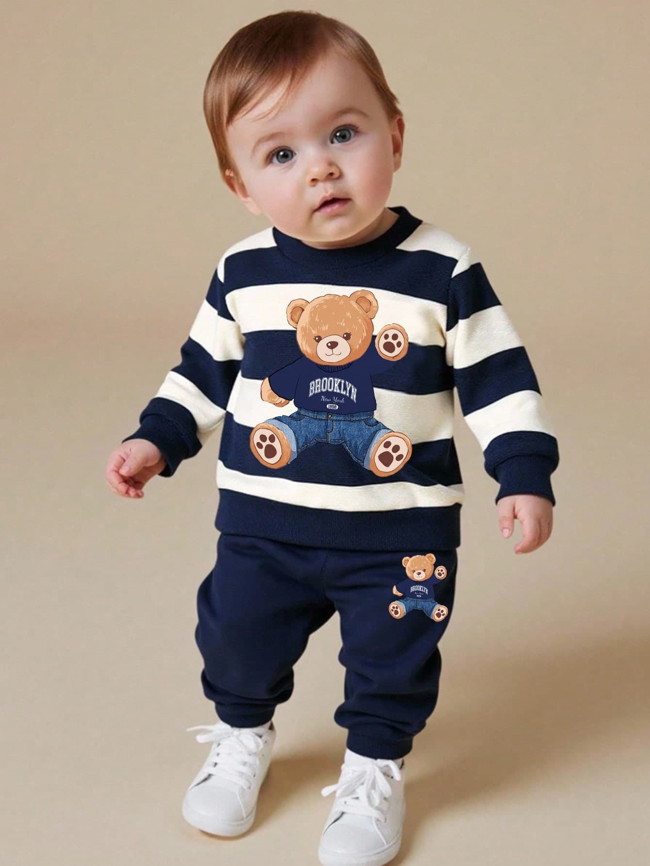 SHEIN Playful Pals 2pcs/Set Baby Boy Striped Bear Graphic Sweatshirt And Matching Sweatpants Cute Navy And White Autumn Outfit Comfortable Matching Family Style