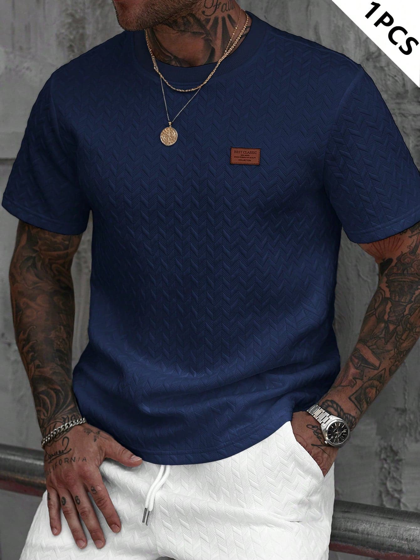 Manfinity CasualCool Men's Navy Blue Summer Jacquard Ribbed Collar Short Sleeve T-Shirt,Casual Vacation Fashionable Versatile Tee Pattern Tshirt Clothes For Boyfriend