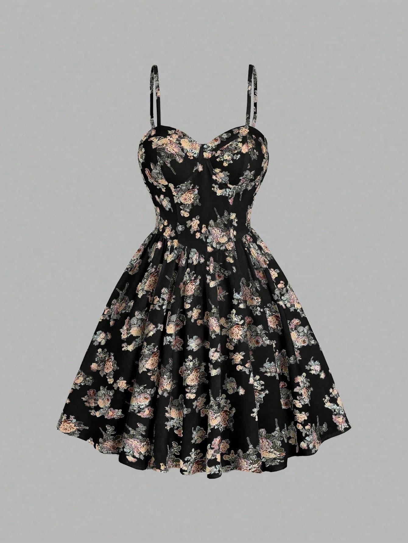 Sweetra Summer Elegant Floral Allover Print Waist-Cinched Bustier Strap Dress Mini Short Women Outfit