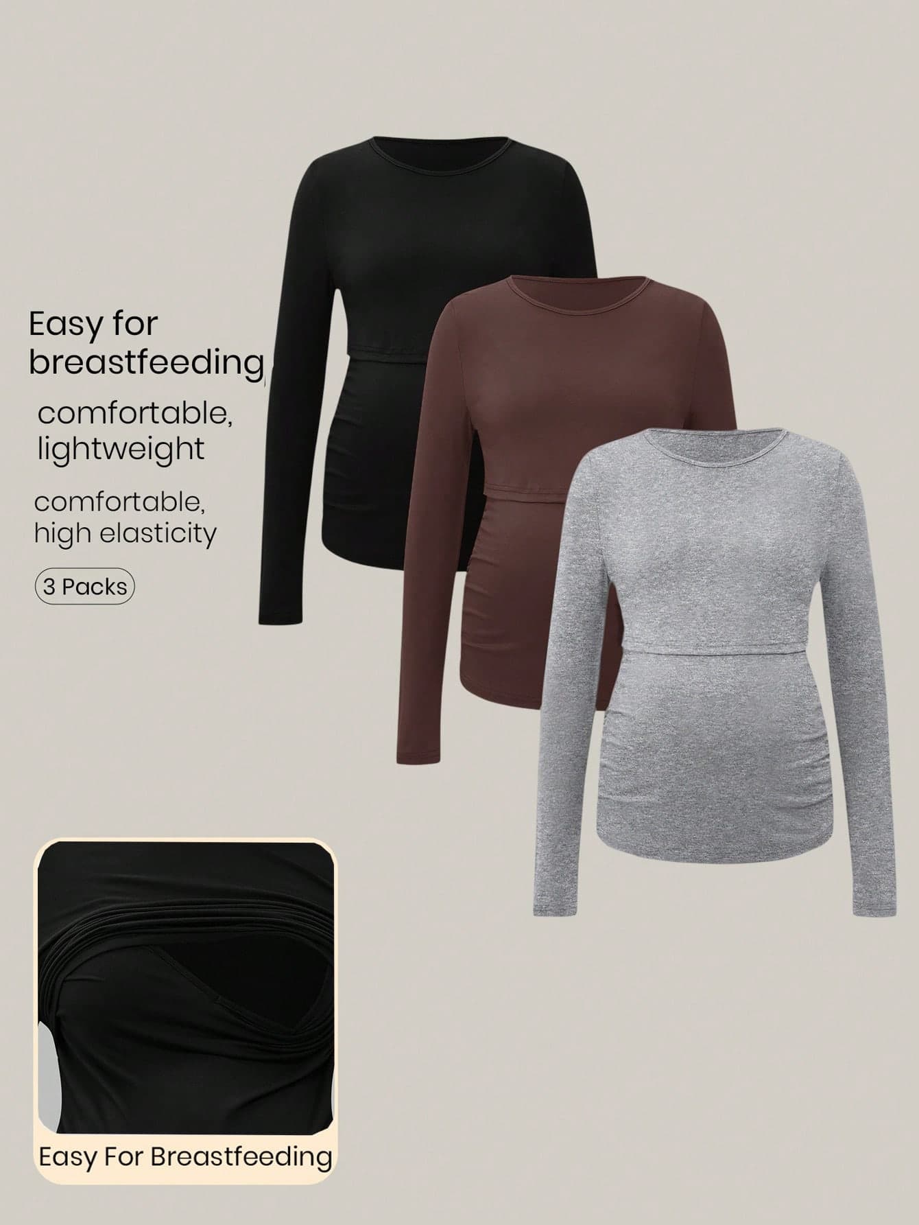 Modmama 3pcs Maternity Casual Solid Color Long Sleeve Nursing T-Shirts, Versatile For Daily Wear, Spring/Autumn Tops Pregnancy Shirts Clothes Fall