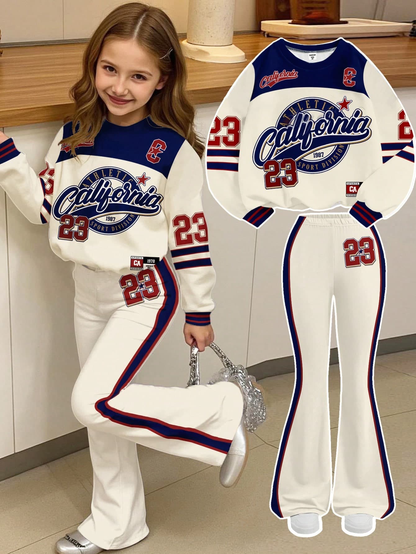 SHEIN Kids 2pcs/Set Young Girl Casual Loose Autumn Winter Sweatshirt Tracksuit,Back-To-School,Summer,Career Day,Retro College Style, 23 Print Streetwear