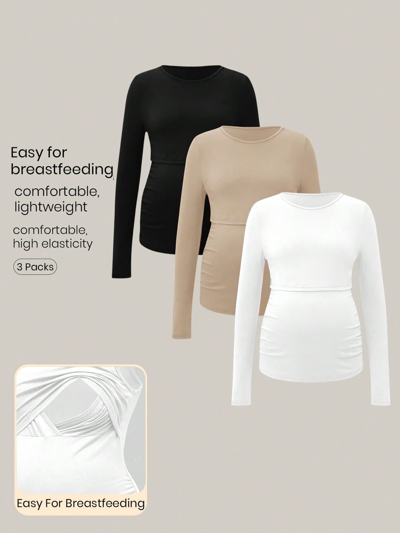 Modmama Casual Solid Color Round Neck Long Sleeve High Elasticity Nursing Tops Pregnant Clothes Maternity Tops Pregnancy Shirts Curve Maternity Clothes Fall