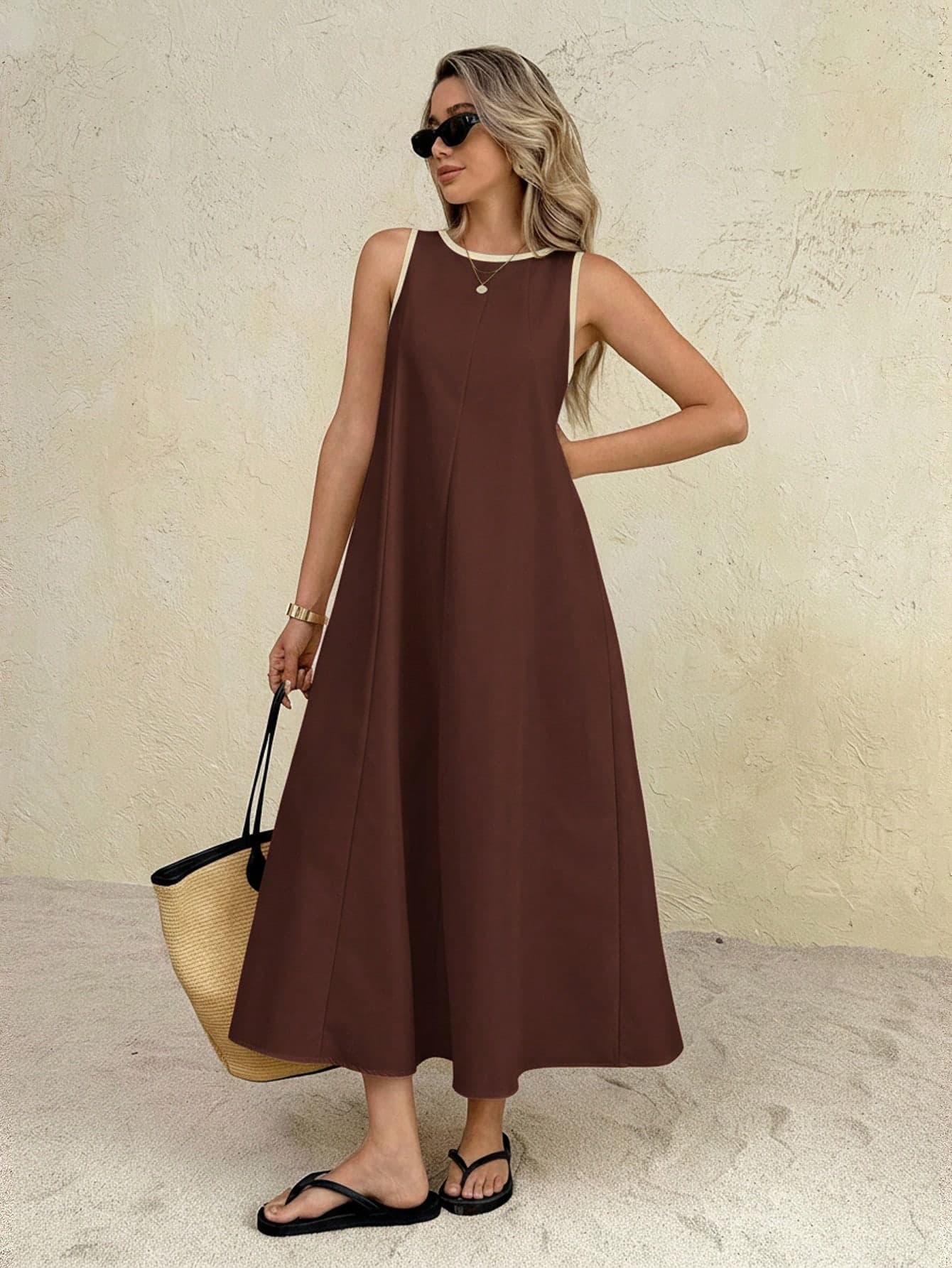 SHEIN Frenchy Women's Casual Loose Sleeveless Round Neck Long Dress Summer Brown Casual Long Dress Brown Elegant Dress Women Brown Summer Dress Beach