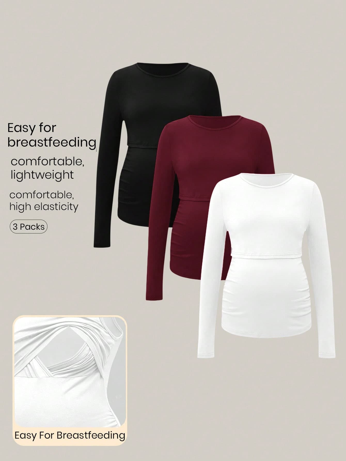 Modmama Maternity Solid Color Round Neck Long Sleeve Ruched Nursing Top Tops Clothes T-Shirts Fall Winter
