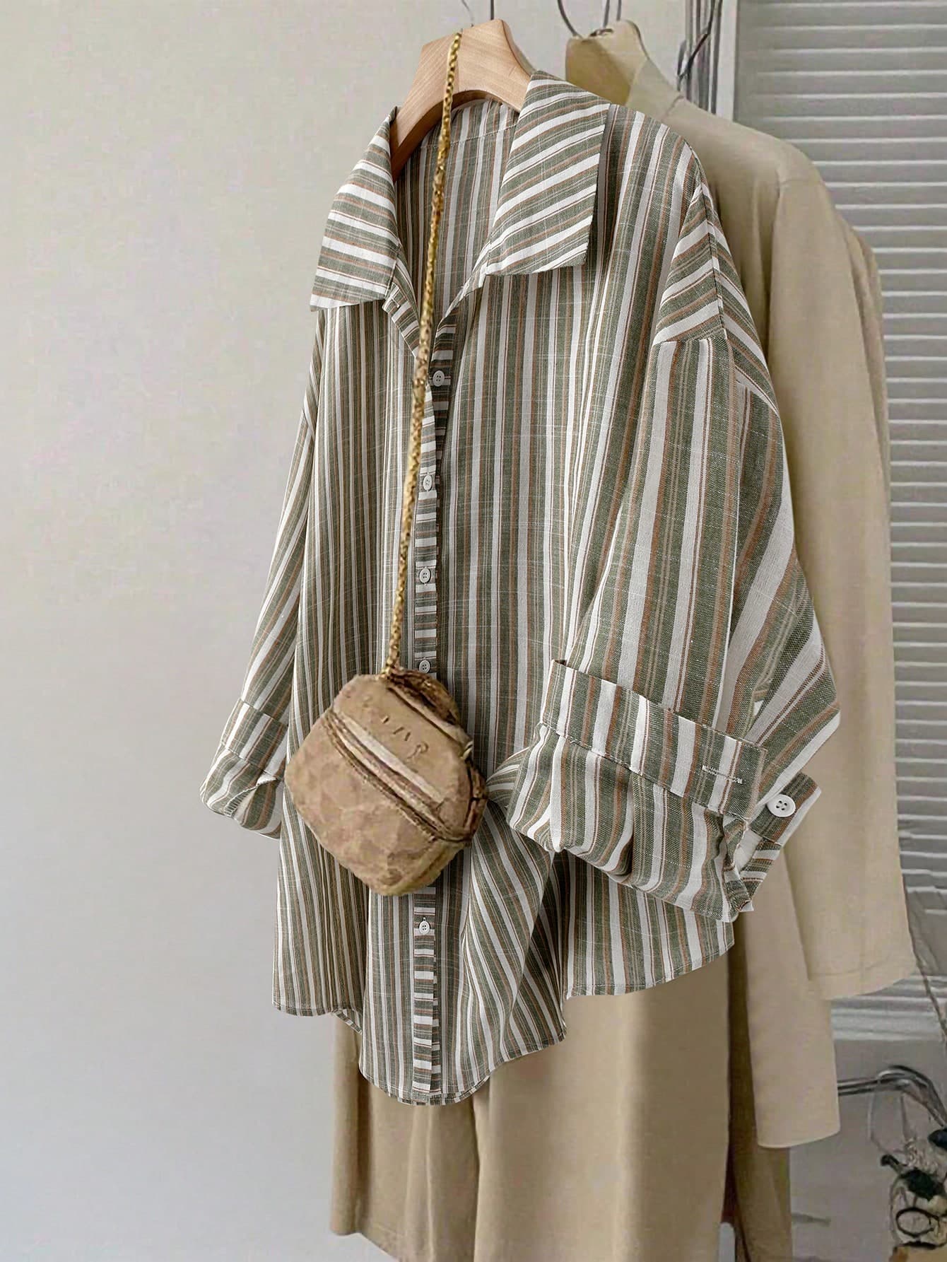 SHEIN LUNE Plus Size Women's Striped Print Long Sleeve Shirt,Casual Loose Comfy Blouse For Autumn,Smart Casual,Office,White Sequence,Thanksgiving Holiday Wear