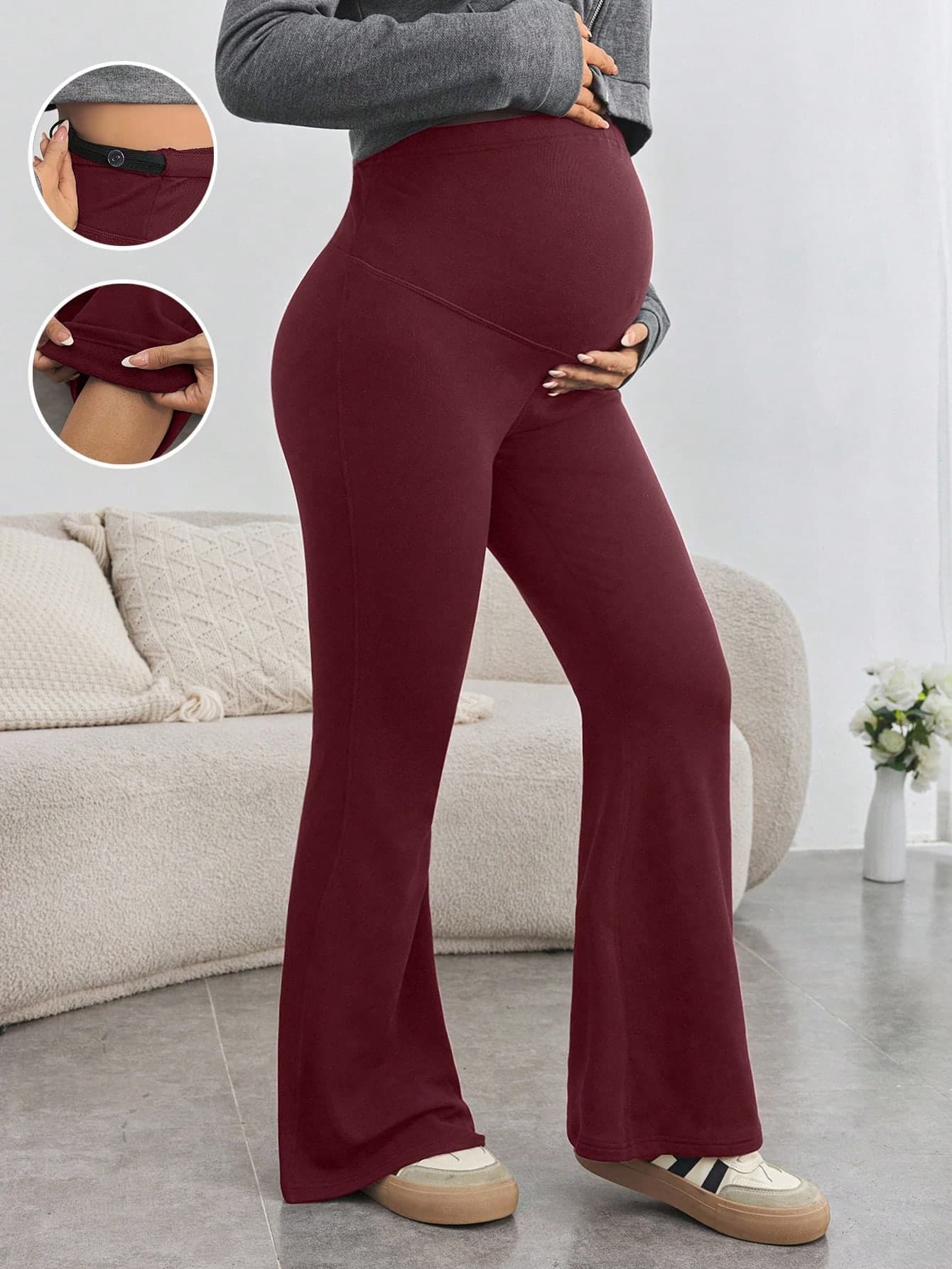 SHEIN Maternity Comfortable Yoga Pants Skinny Flare Leg Adjustable Waist Super High Waisted Full Length Leggings For Pregnant Women