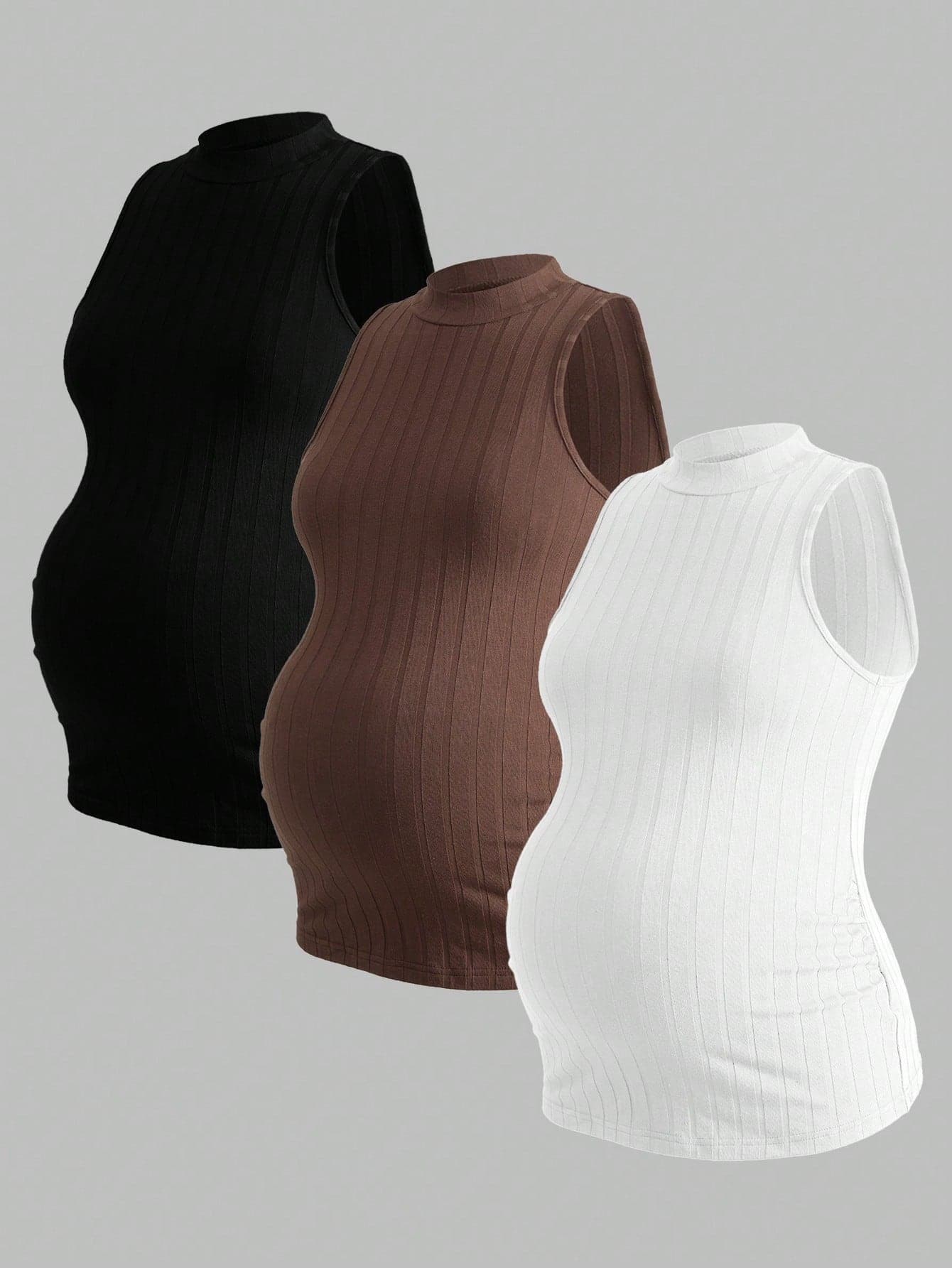 Modmama 3pcs Maternity Casual Solid Color Fitted Ribbed Tank Top,Mock Neck Summer Curve Clothes For Photoshoot,Elegant Black And White & Brown Maternity Tops