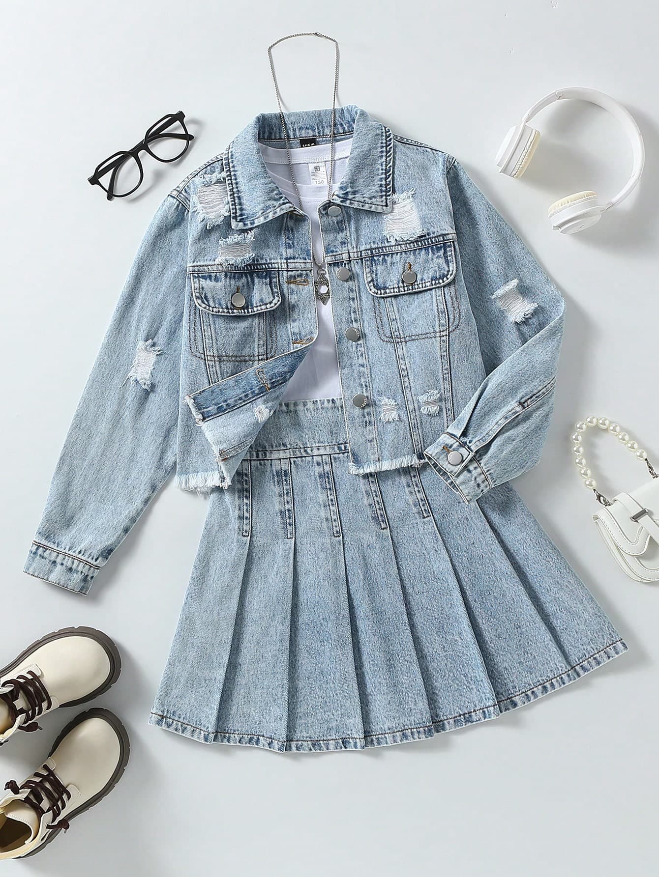 Tween Girls Y2K Style Light Blue Denim Two Pieces Outfit,Autumn Distressed Jacket&Pleated Skirt Set,Back-To-School Collegiate School Casual Streetwear
