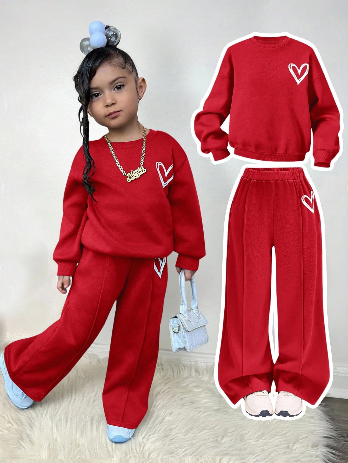 Kids Young Girl Casual Heart Print Knit Solid Color Loose Drop Shoulder Long Sleeve Autumn Sweatshirt And Wide Leg Sweatpants Set