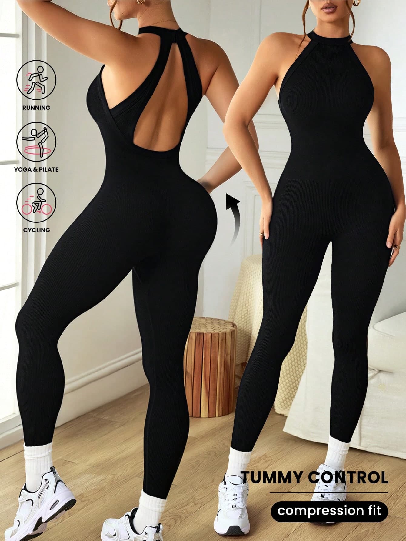 Slayform Slayform Women's Backless Sleeveless Black Seamless Jumpsuit Yoga Jumpsuit Active Wear Jumpsuit Seamless Workout Jumpsuit Yoga Romper