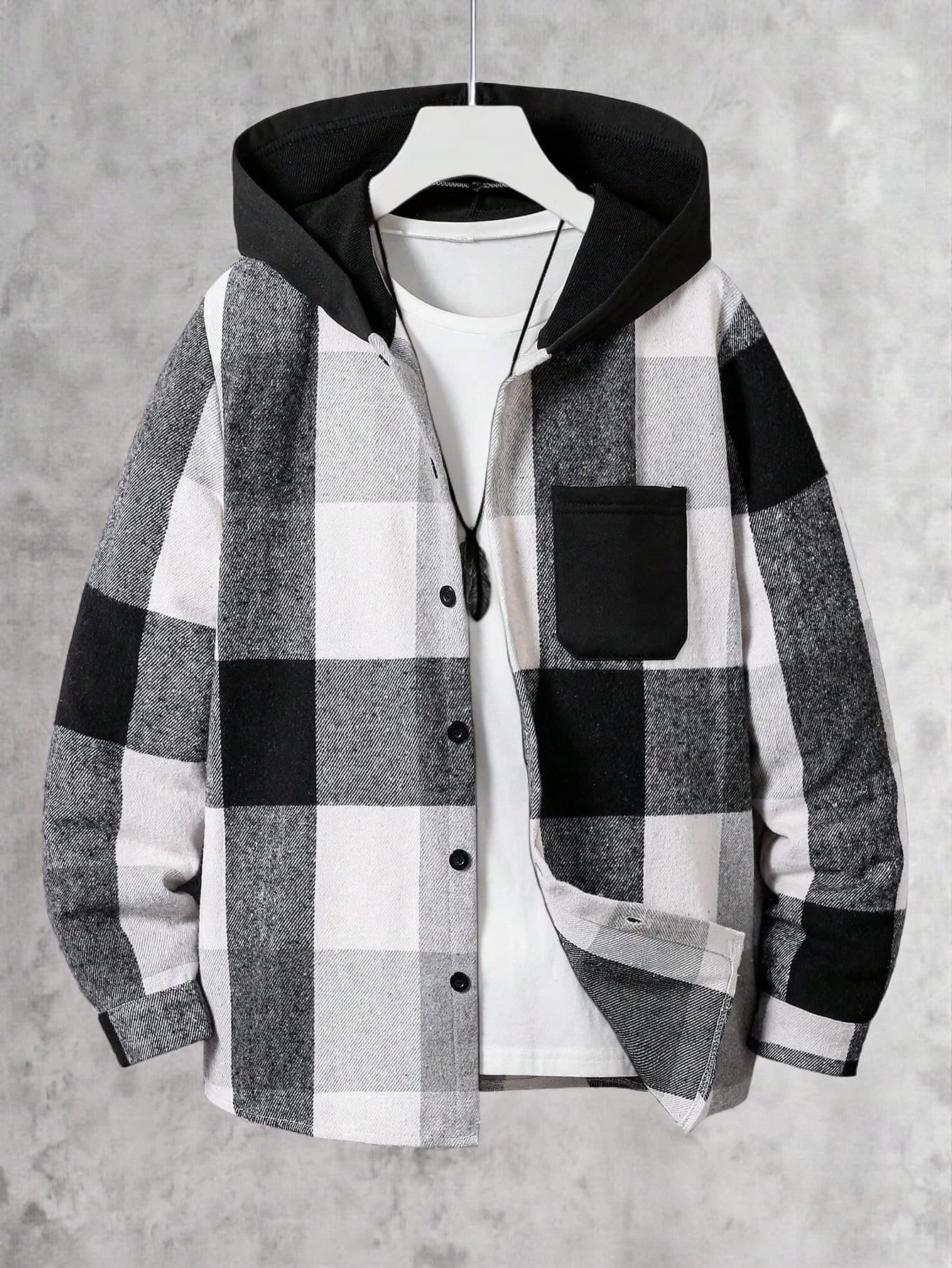 Vacaura 1pc Teen Boy's Casual Zip-Up Hoodie Shirt, Black & White Checkered Pattern, Comfortable Fabric, Suitable For Spring, Autumn & Winter Fall