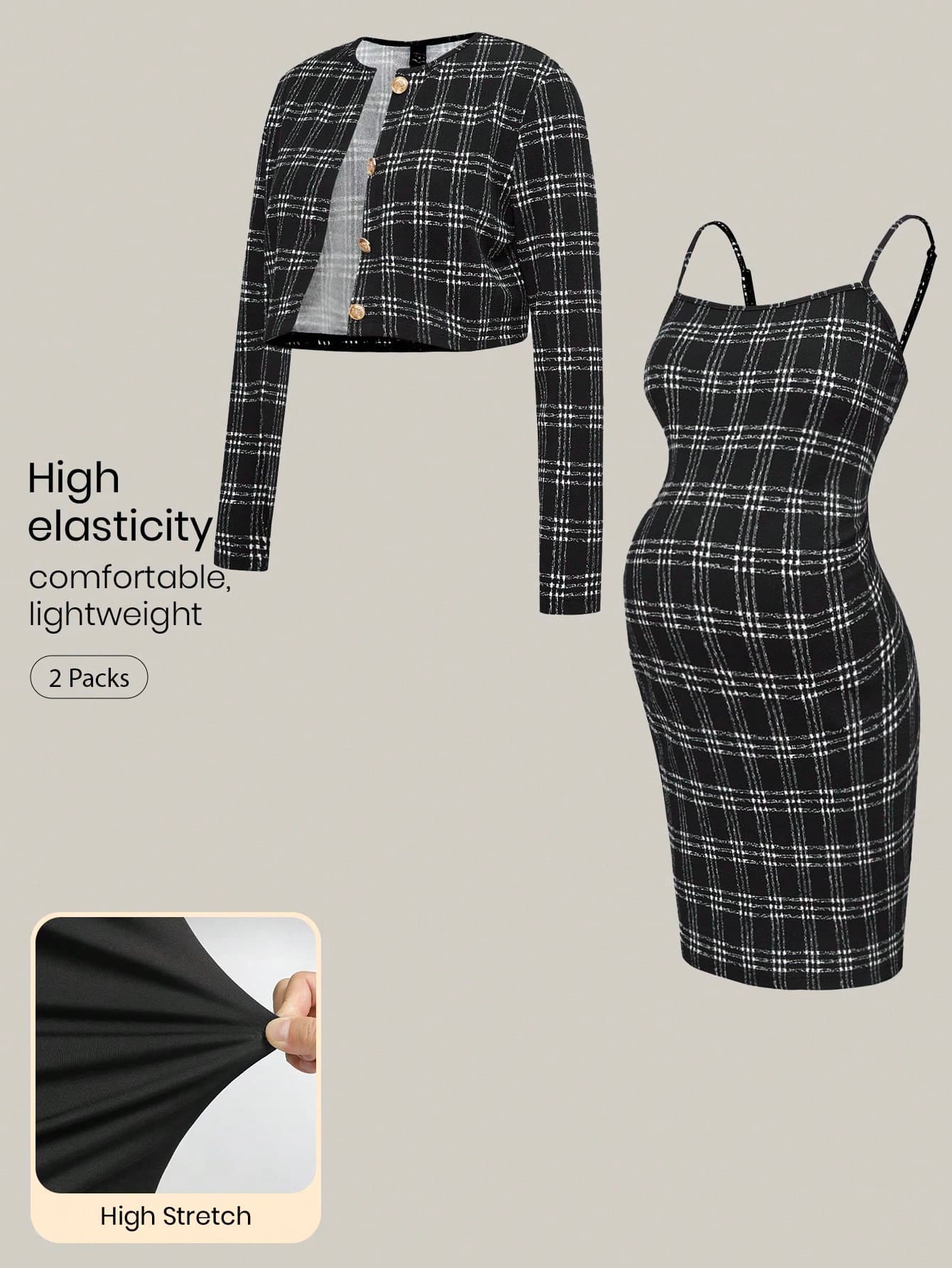 Modmama 2pcs Maternity Casual Commuter Plaid Jacket & Cami Dress Set,Black And White,Autumn,Elegant,Photoshoot Checkered Clothes Women Club Outfit Sets