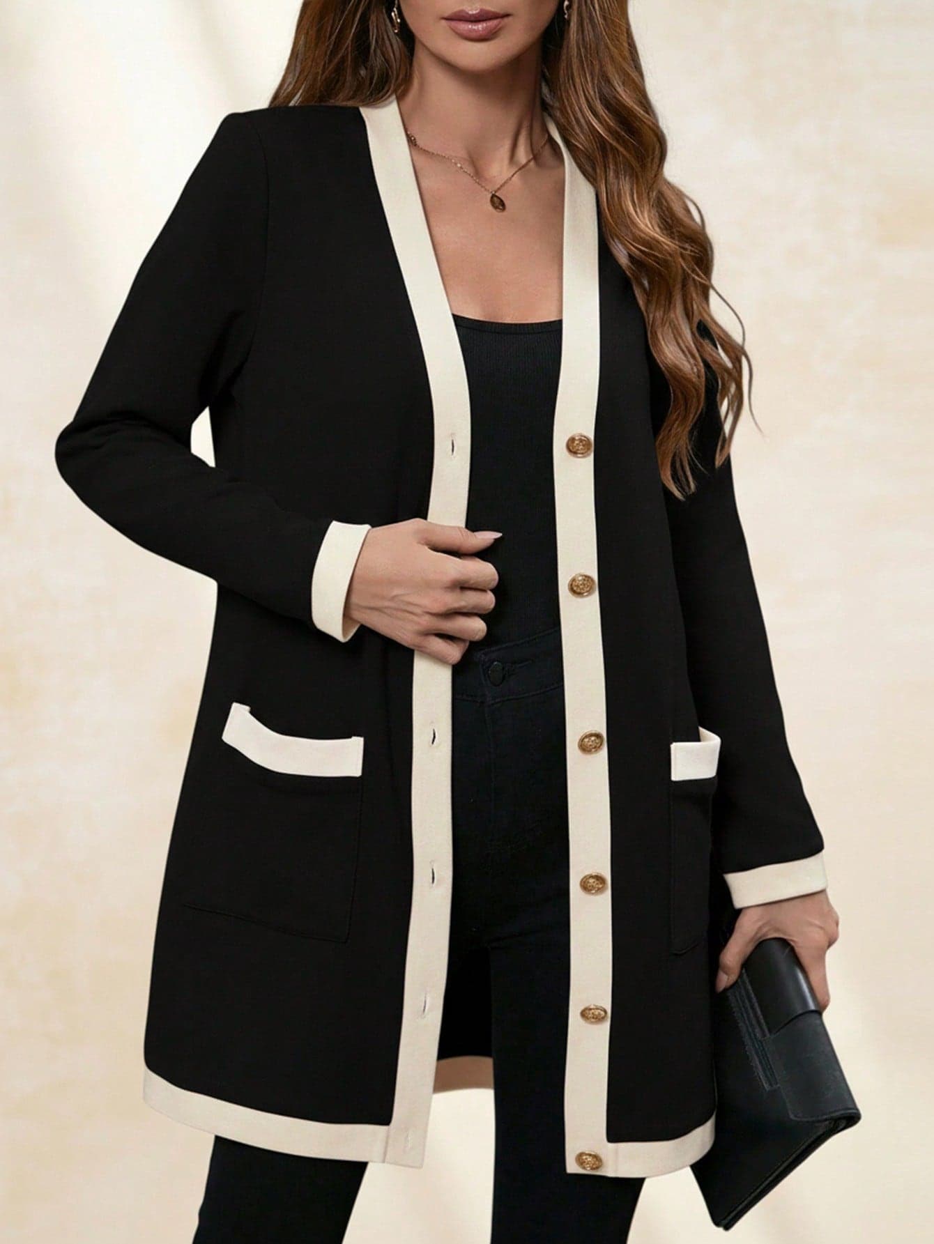 Chikora Plus Size Women Elegant & Comfortable Metal Button Closure Long Warm Cardigan, Black & White, For Autumn, Ladies Windbreaker,Business Casual Woman