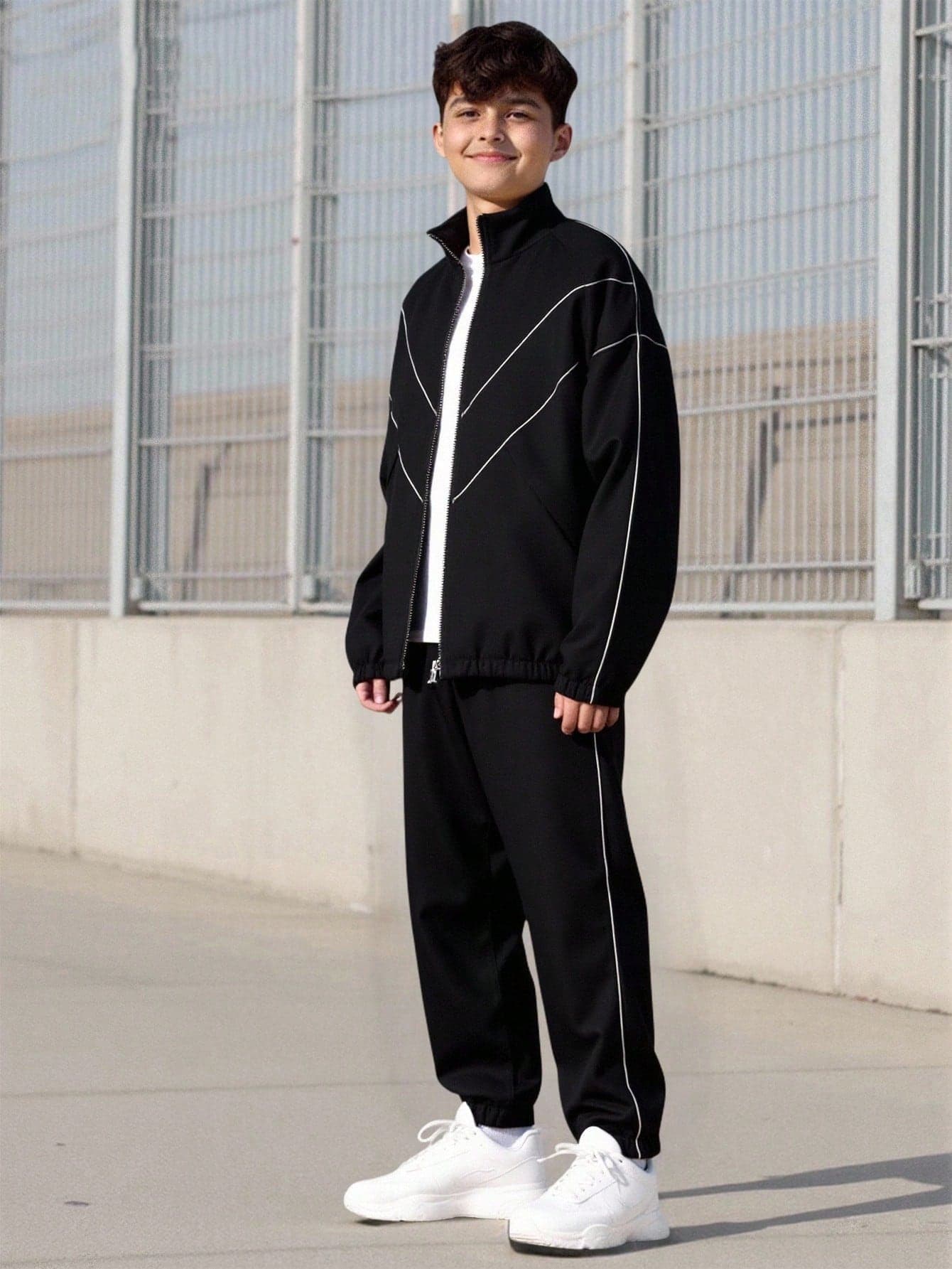 Vacaura 2pcs Teen Boys Sports Casual White Stripe Black Jacket And Drawstring Pants, Suitable For Autumn/Winter Outdoor Activities Fall
